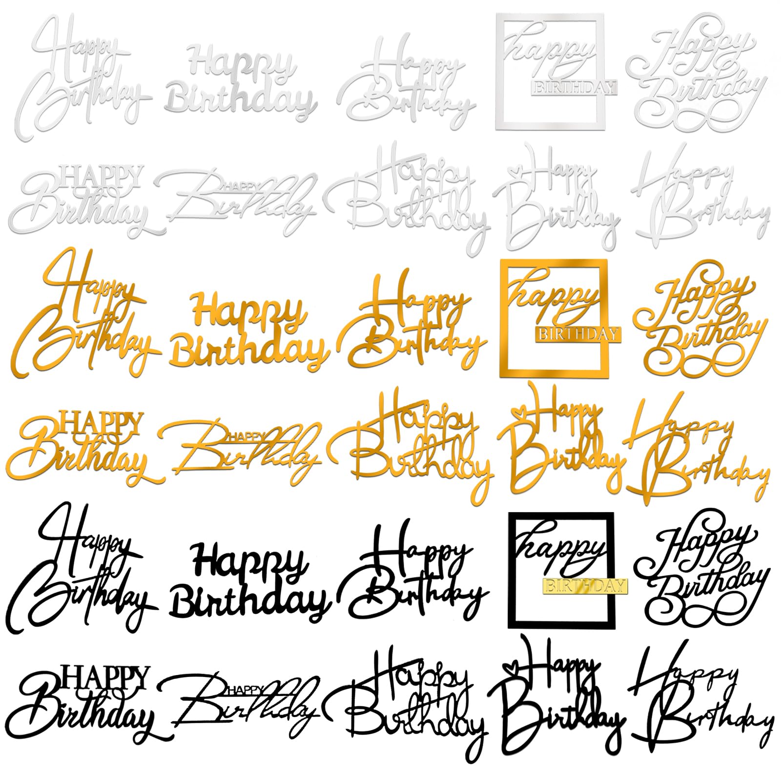 Photo 1 of 10 Styles Total 30 PCS Happy Birthday Cake Topper Mirror Acrylic Cake Toppers Double-Sided Cake Decorations for Desserts DIY Flower Gift Party Supplies Gold Silver Black Mixed