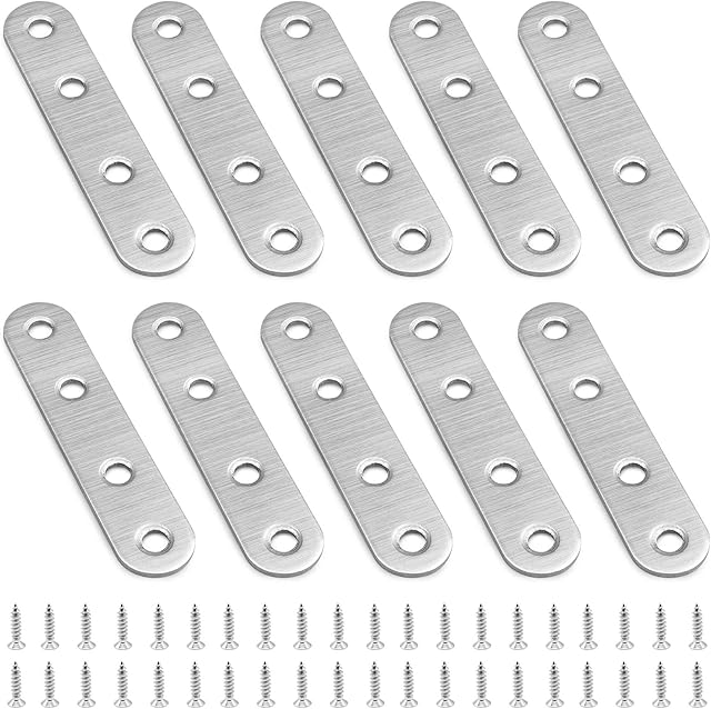 DEHUA 10PCS Straight Metal Brackets , Stainless Steel Flat Brackets for Wood, Flat Connecting Plates-Heavy Duty Timber Fixing Repair Connector with 40 Screws for Furniture Repair (76 * 16mm)