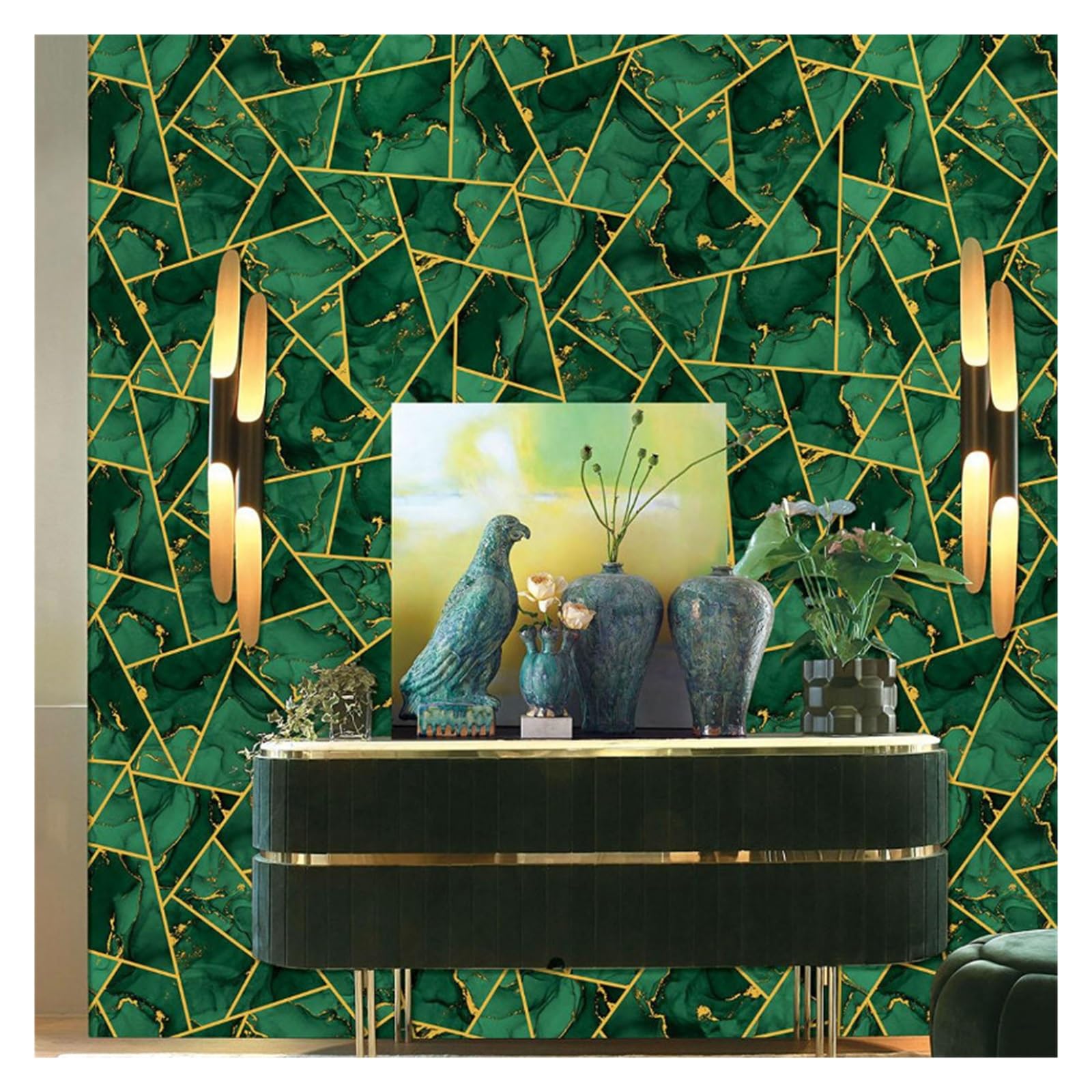 LADFRTYU Wallpaper Modern Luxury Green Gold Geometric Wallpaper Background Porch Living Room Non Self-Adhesive
