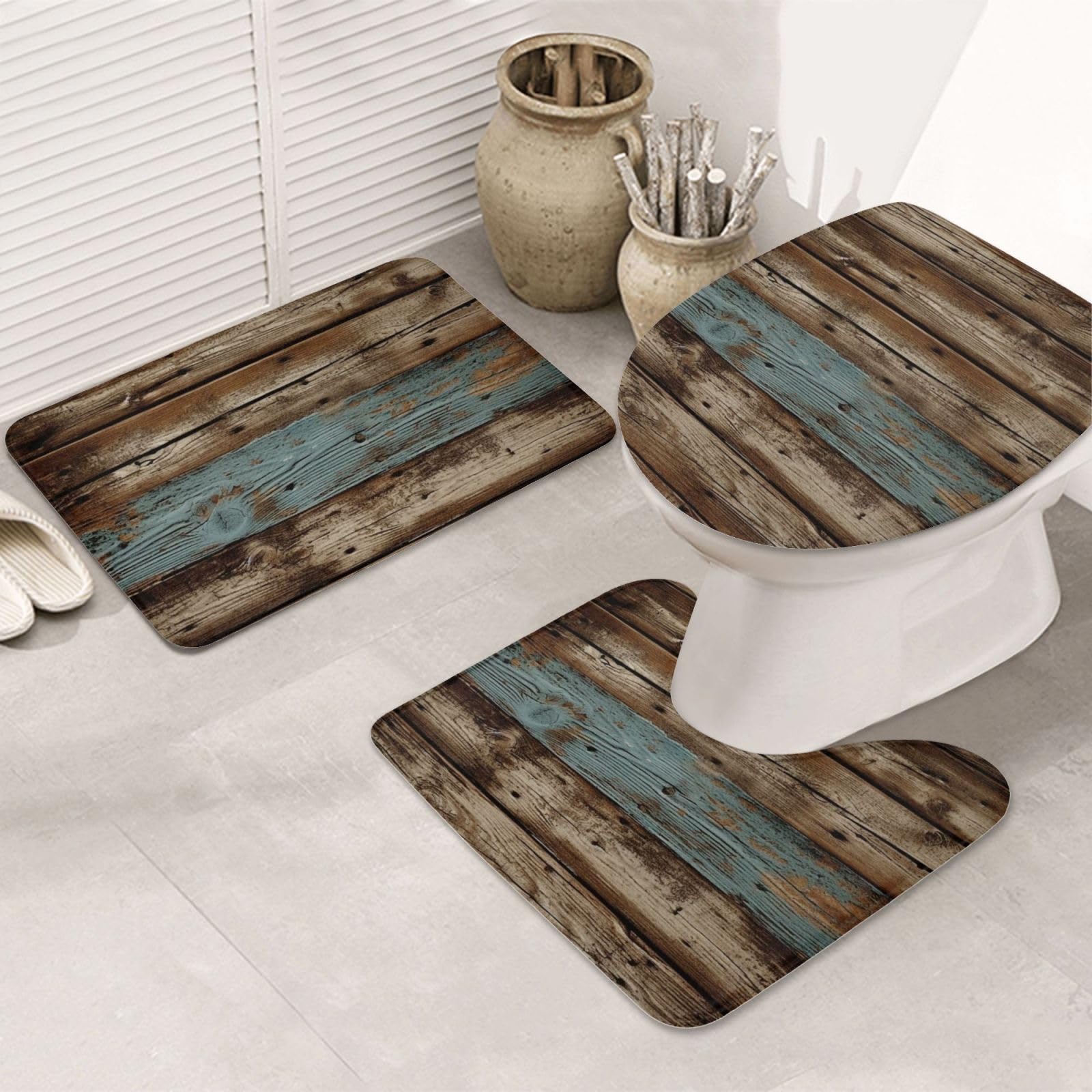Tapis de bain rustiques super absorbants en bois de grange avec contour WC antidérapant