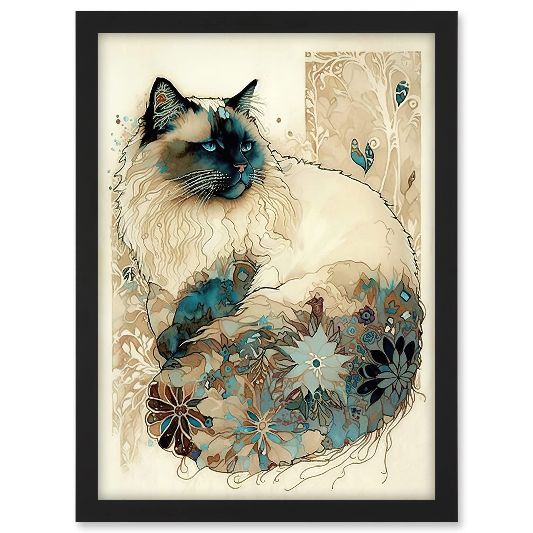 Artery8 Ragdoll Cat with Floral Pattern Tail Modern Watercolour Illustration Artwork Framed A3 Wall Art Print