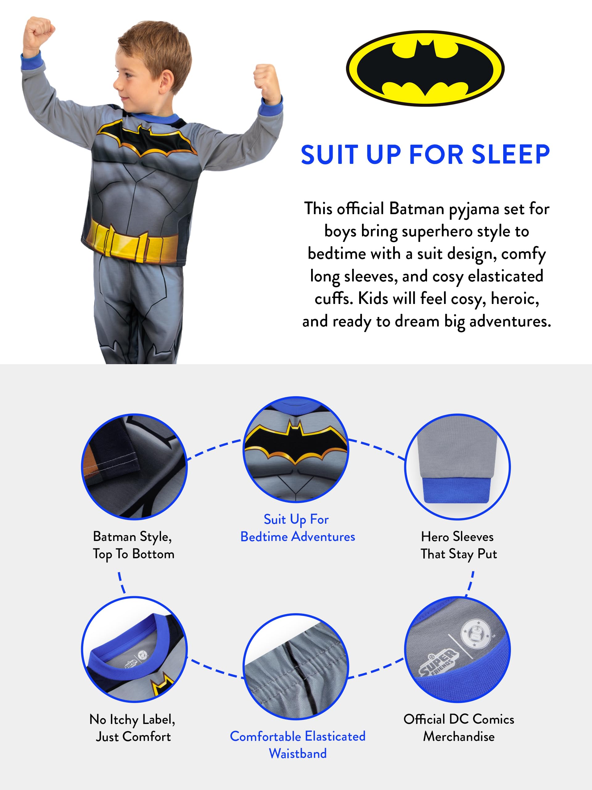 DC Comics Pigiama Batman, Pigiama Bambino Supereroi, Pjs Bambini Flash, Set Bambino Manica Lunga
