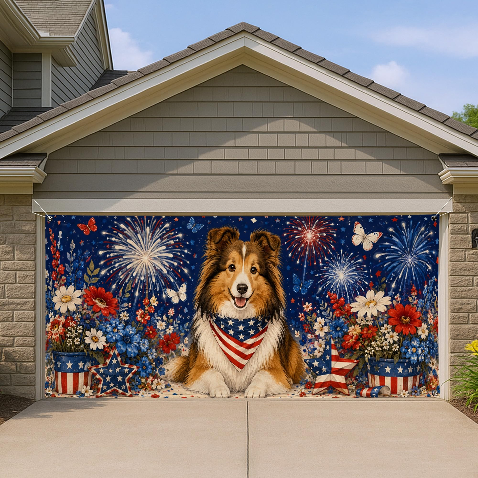 Décoration festive de garage grand format motif étoiles et chien pour fête de famille