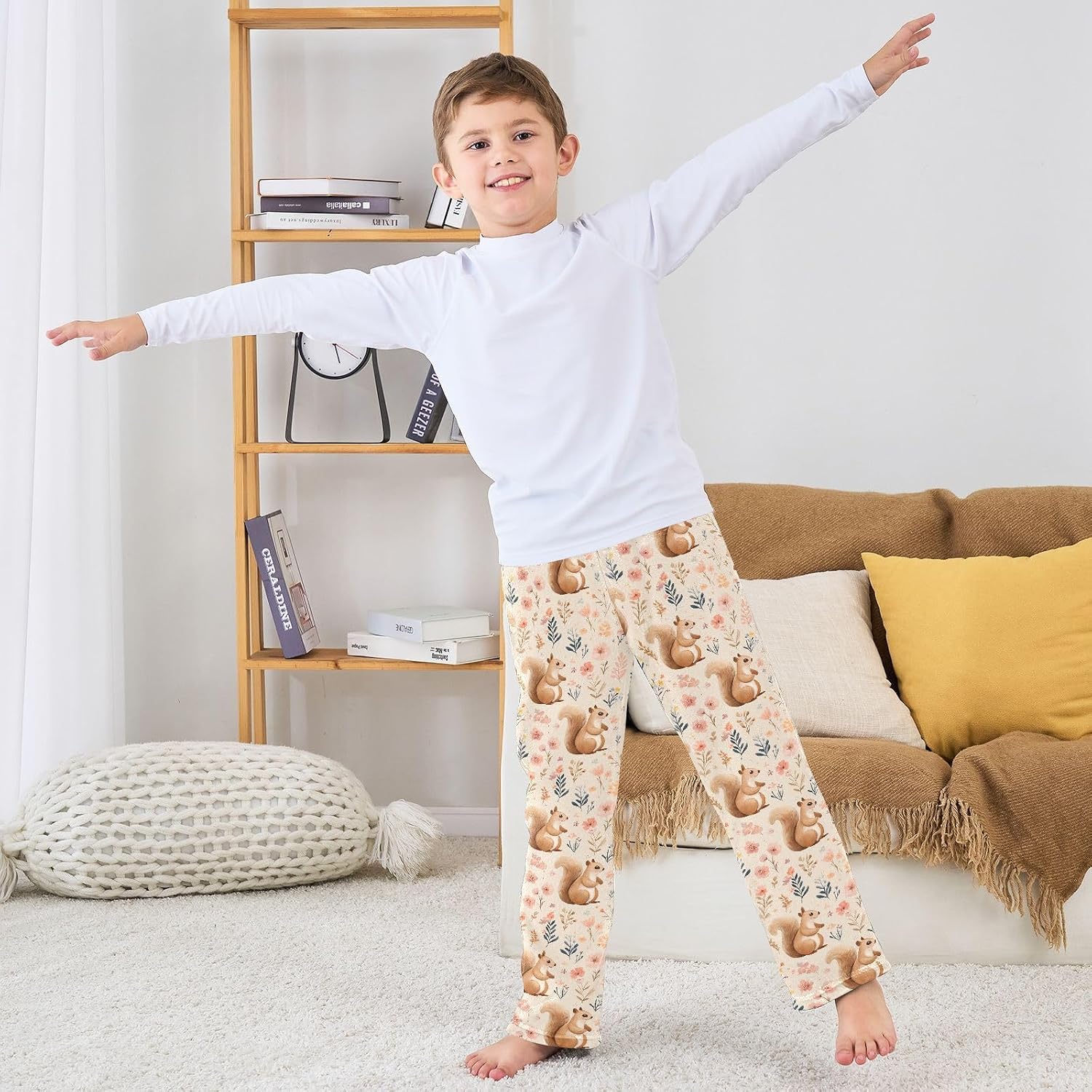 visesunny Cute Squirrels Flower Pattern Boys Pants for Kids Fleece Bottoms Long Jogger Pants Trousers with Pockets Size 6-14Y