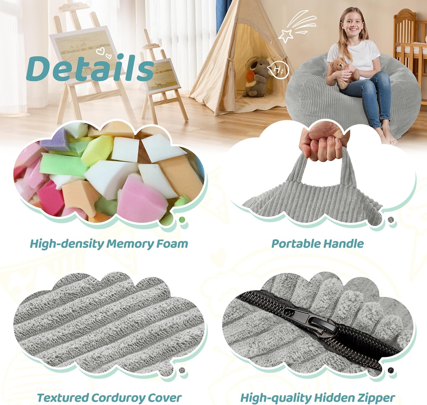 2FT Bean Bag Chair: 2' Bean Bags with Memory Foam Filled,Comfy Beanbag Chairs Teardrop Bean Bag Sofa with Corduroy Cover, Light Grey