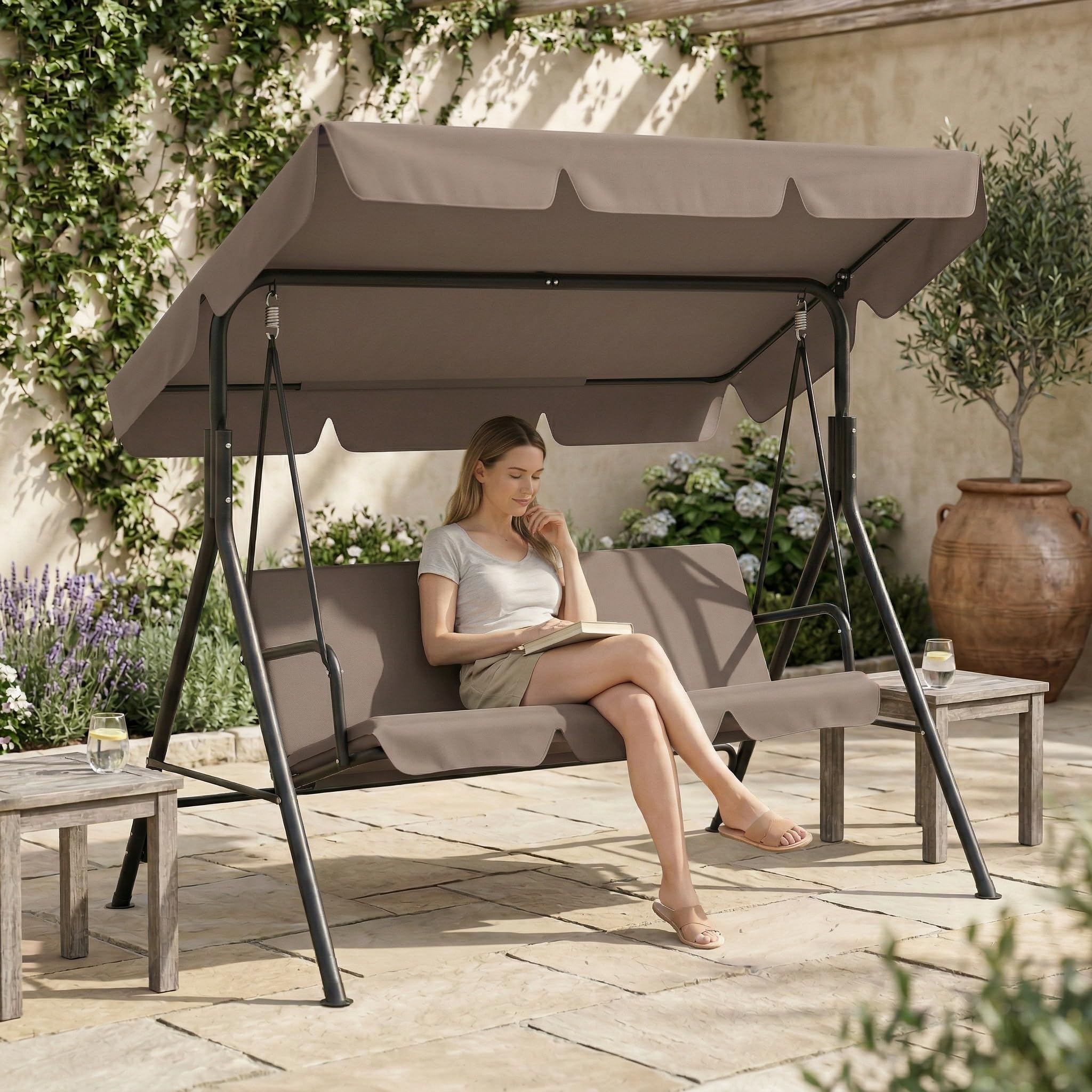 SAILUN 3-Seater Outdoor Canopy Swing Chair, Heavy Duty Patio Swing with Adjustable Sunshade, Weatherproof Garden Furniture, 200KG Capacity, for Garden, Patio, Balcony, Dark Brown 193x110x152cm
