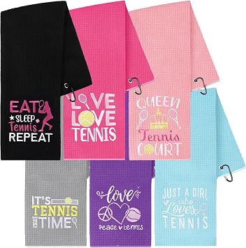 6 Pcs Tennis Towels 24"x16" Soft Microfiber Absorbent Sweat Tennis Hand Towels with Carabiner Clip Embroidered Prints Sports Gym Towel Accessory Gifts for Men Women Team Sport Players Hiking