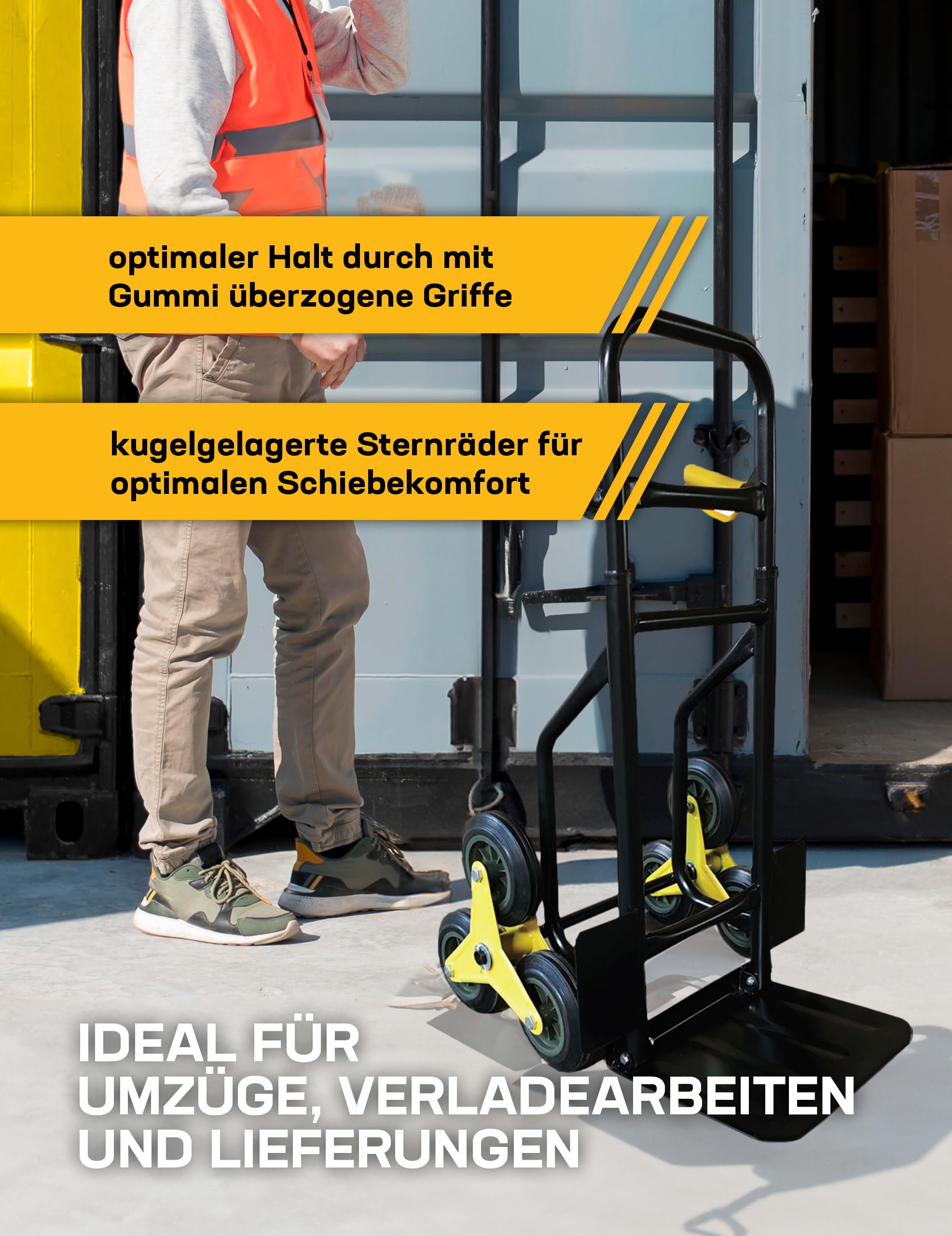 Malocher Klappbare Treppensteiger Sackkarre - 150kg Belastbarkeit, 6 Sternräder für leichten Transport, Gummiüberzogene Griffe - Ideal für Umzüge und Verladearbeiten