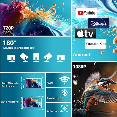Miniatura 3 de Mini proyector portátil 4K compatible con 720P HD, WiFi 6 Bluetooth Proyector de películas portátil al aire libre con altavoz de 5 W, enfoque