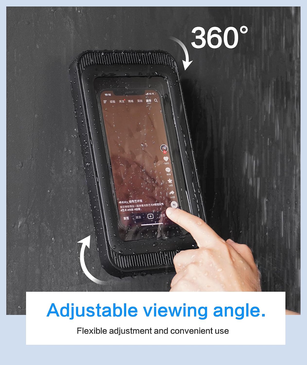 Waterproof Shower Phone Holder with 480° Rotation and Angle Adjustable, Enhanced Sound Quality, Fits Phones up to 7 Inches（Black）