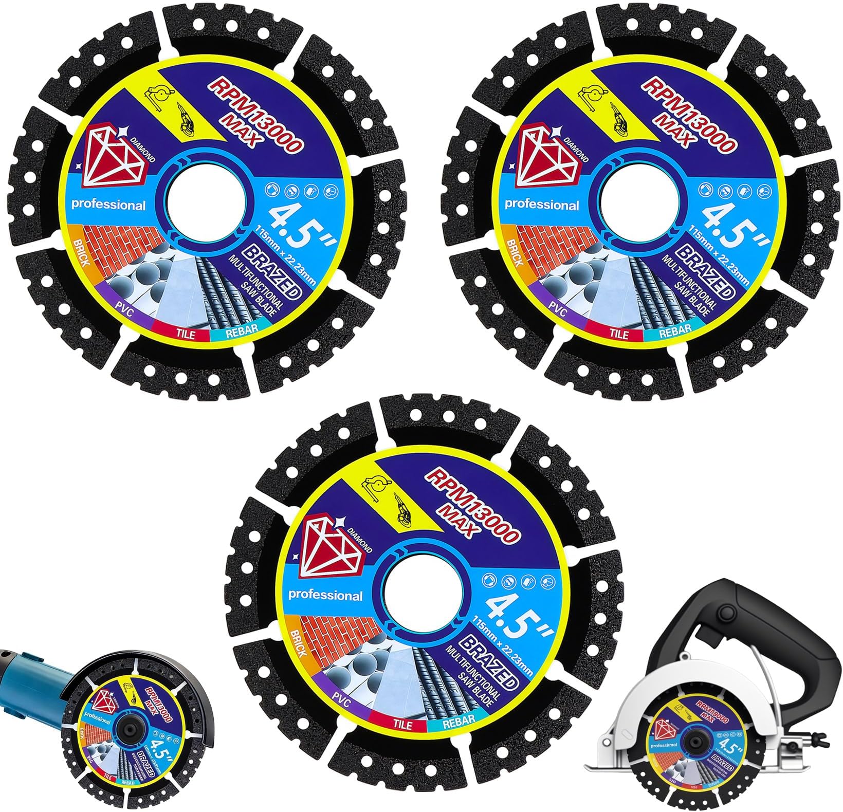 3 PcsDiamond Multi-Purpose Saw Blades,4.5" Angle Grinder Discs for Concrete,Diamond Tile Cutting Disc for Angle Grinder Tool,Dry/Wet Segmented Diamond Saw Blades Cutting Wheel for Marble Tile Steel
