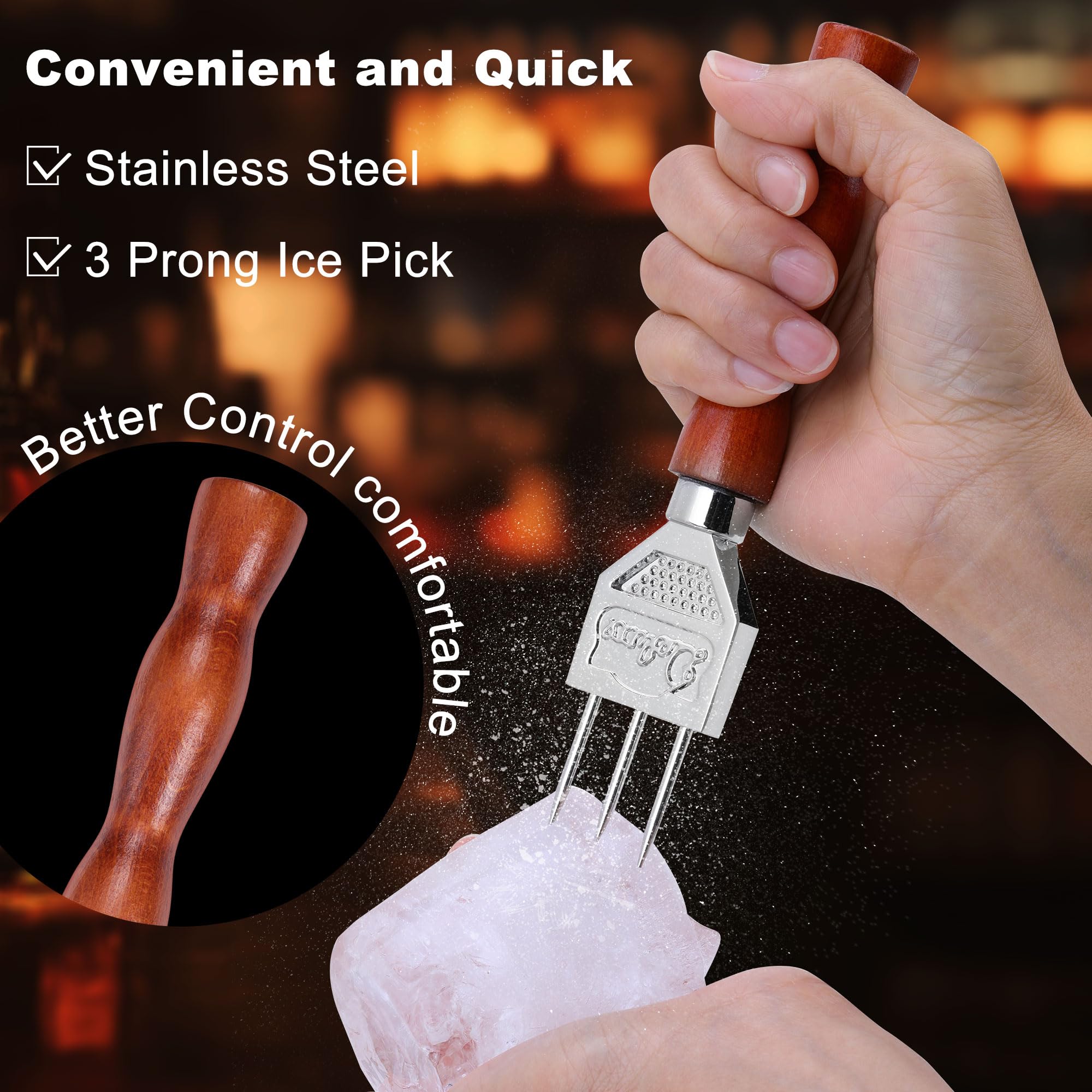 Juego de 4 palillos de hielo, trituradora de hielo de acero inoxidable con mango de madera, kit de barman trituradora de hielo con pinzas, ideal para bares, cocina y arte de tallado 4