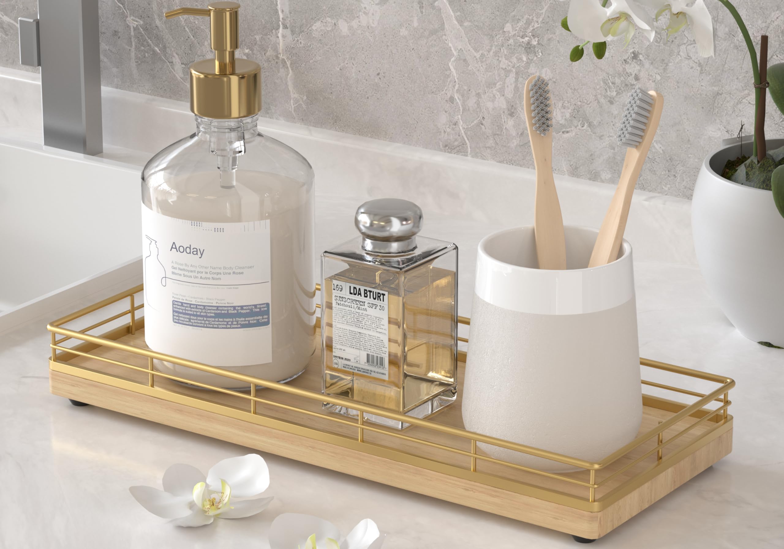 Wooden Decorative Tray, Oak 11.2" L Kitchen Countertop Soap Sponge Holder for Dresser Perfume Tray Jewelry Candle Nightstand Table Centerpieces for Dining Room Decor Natural