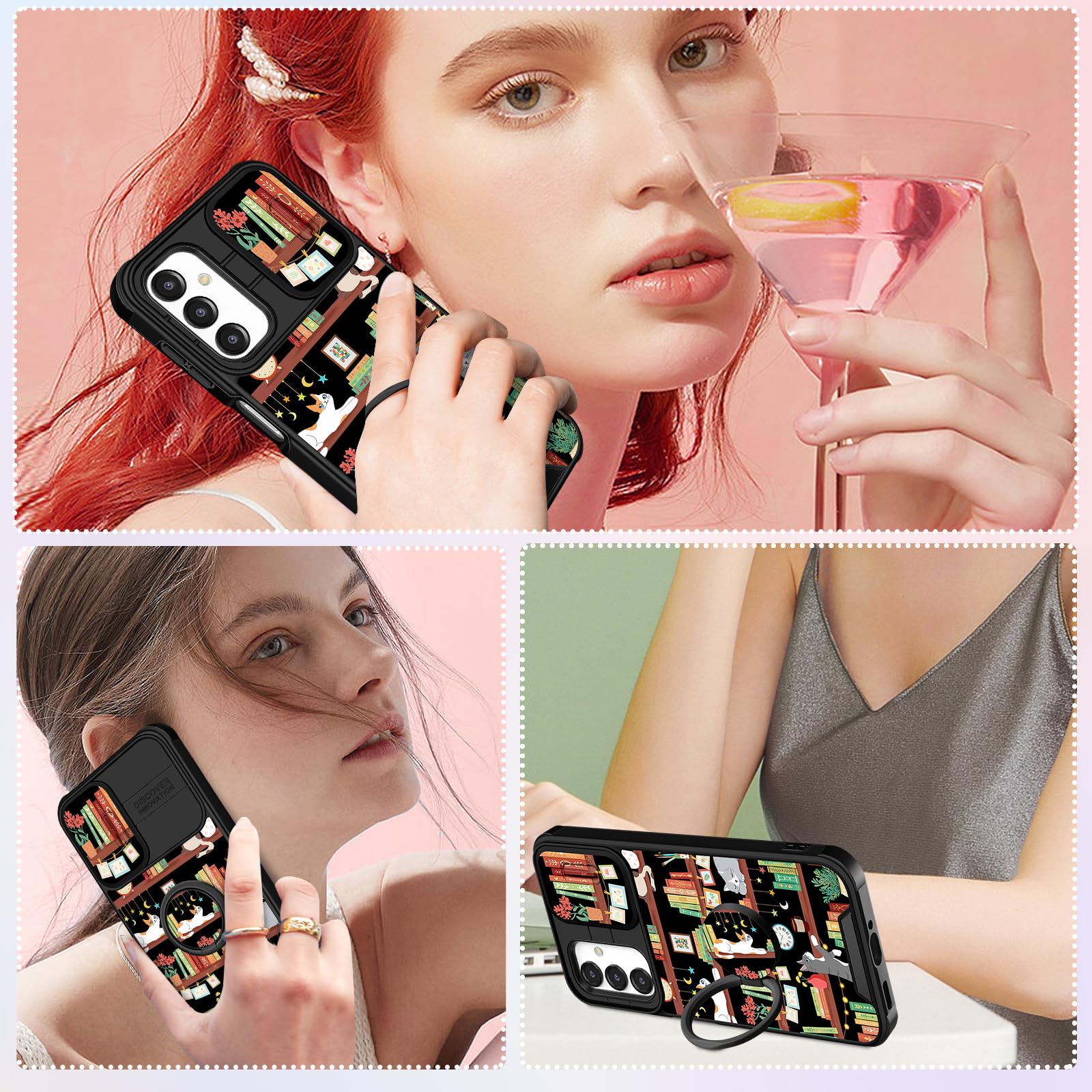 Funermei Custodia per Samsung Galaxy A14 5G - Cover per telefono carina per donne e ragazze, graziosa estetica con gatto, libreria, design unico con custodia per fotocamera e anello di supporto Funda