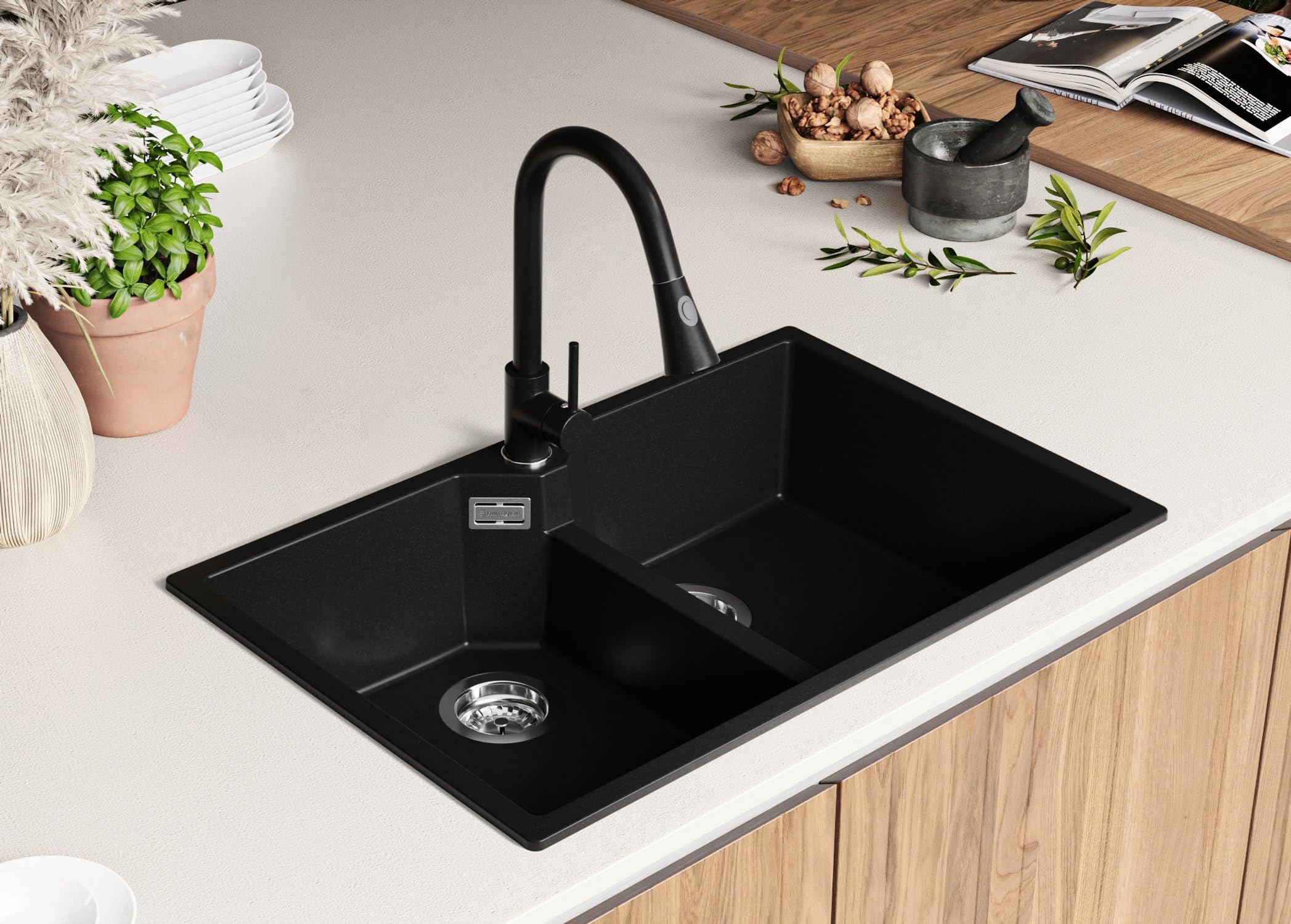 PRIMAGRAN Fregadero Cocina Negro 78x50cm, Granito 2 Senos + Sifón, Sobre Encimera al Mueble 80cm - Madrid Twin S001