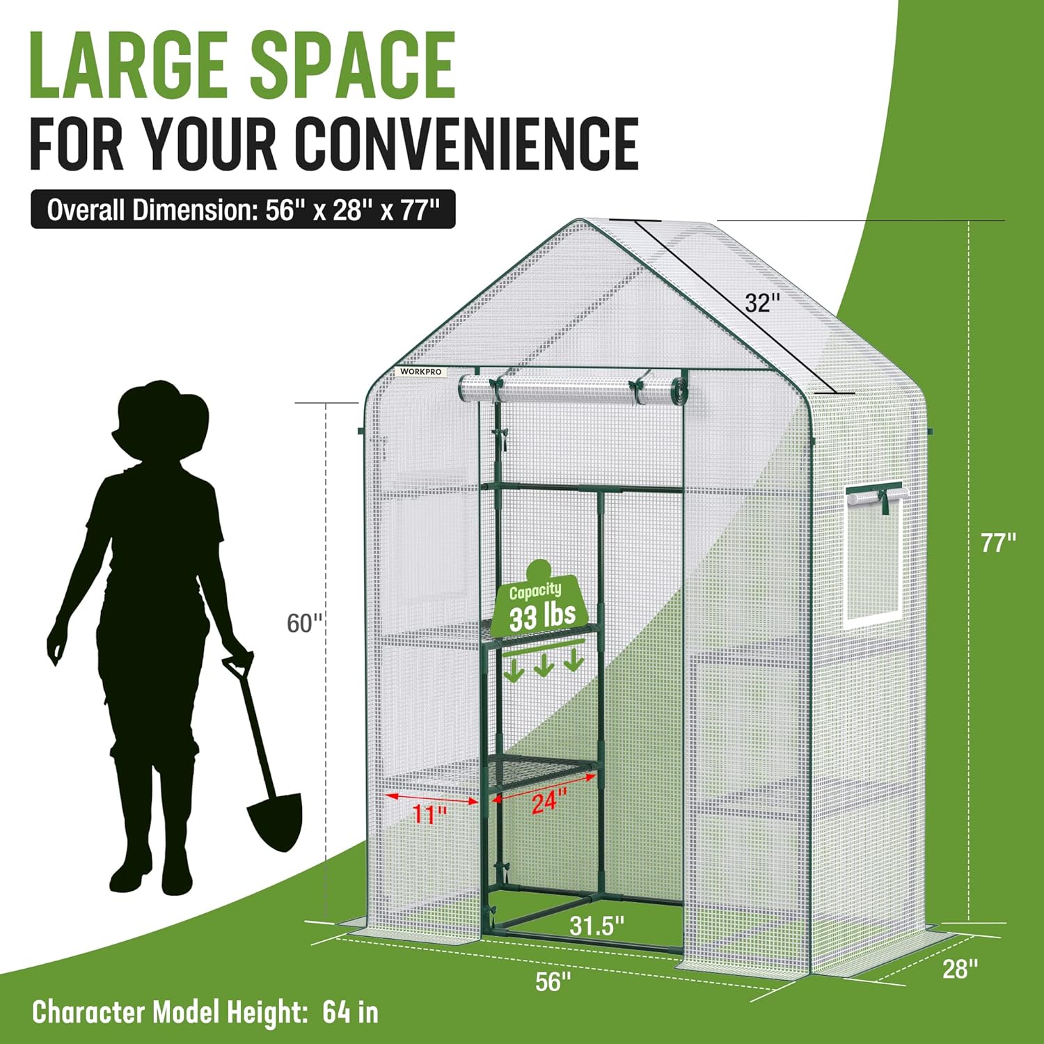 workpro greenhouse, 56"x 28" x 77" portable small greenhouses for outdoors & indoors, sturdy green house kit with thicken pe cover, windows, 3 tier 4 shelves for patio, backyard, balcony 56" l x 28" w x 77" h- walk in small