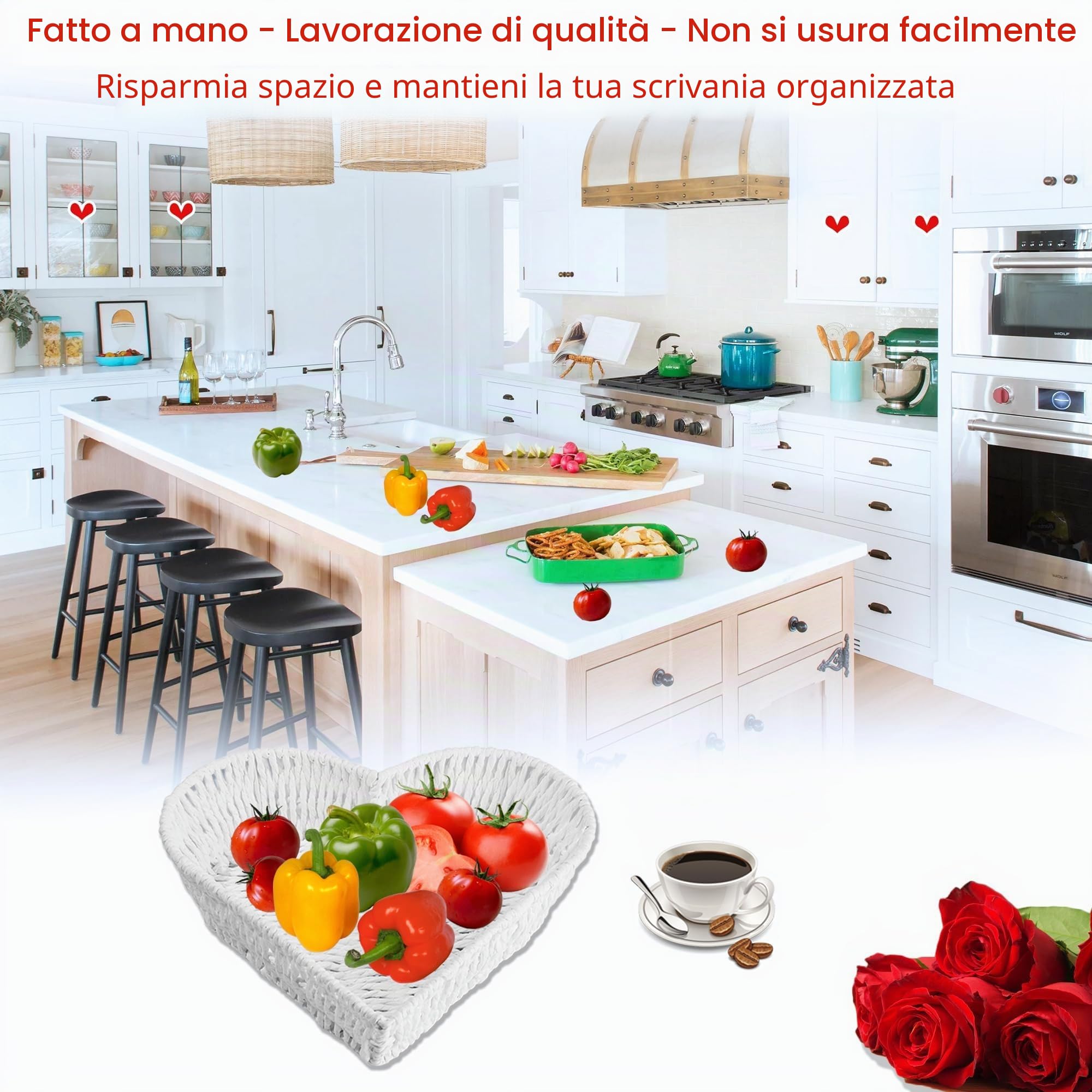 Cesto bianco a forma di cuore in rattan - Cestino portaoggetti intrecciato a mano per pane, frutta, verdura e decorazioni - Accessori per la casa