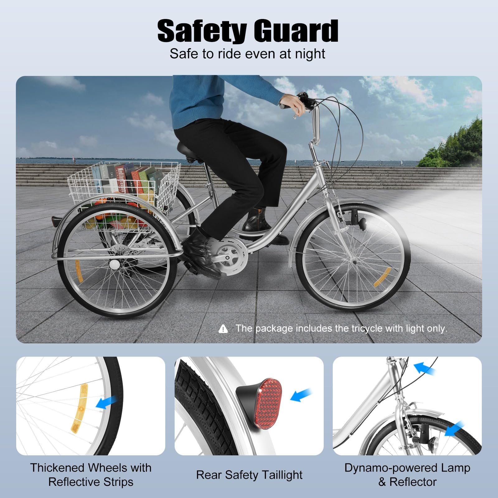 Triciclo per adulti, 24 pollici, 3 ruote per adulti, Shimano 6 marce Cruise Trike Cargo Bike con cestino, bicicletta per sport all'aria aperta e shopping