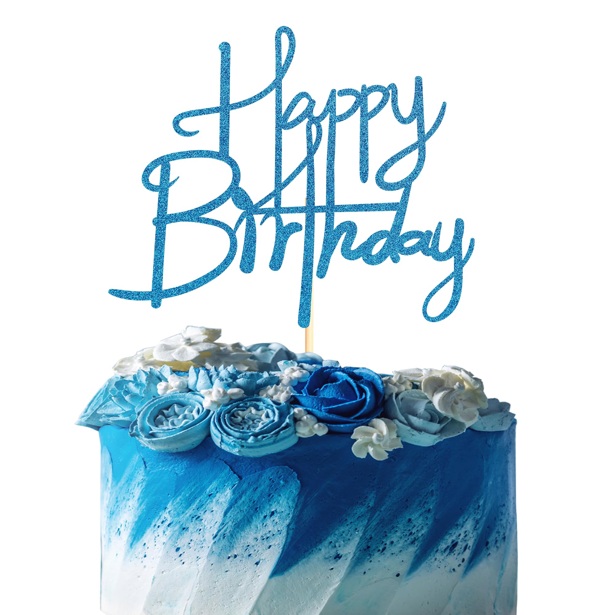 Sotpot Happy Birthday Cake Topper Blue Glitter Happy Birthday Cake Decoration Photo Booth Props for Anniversary Party Decorations