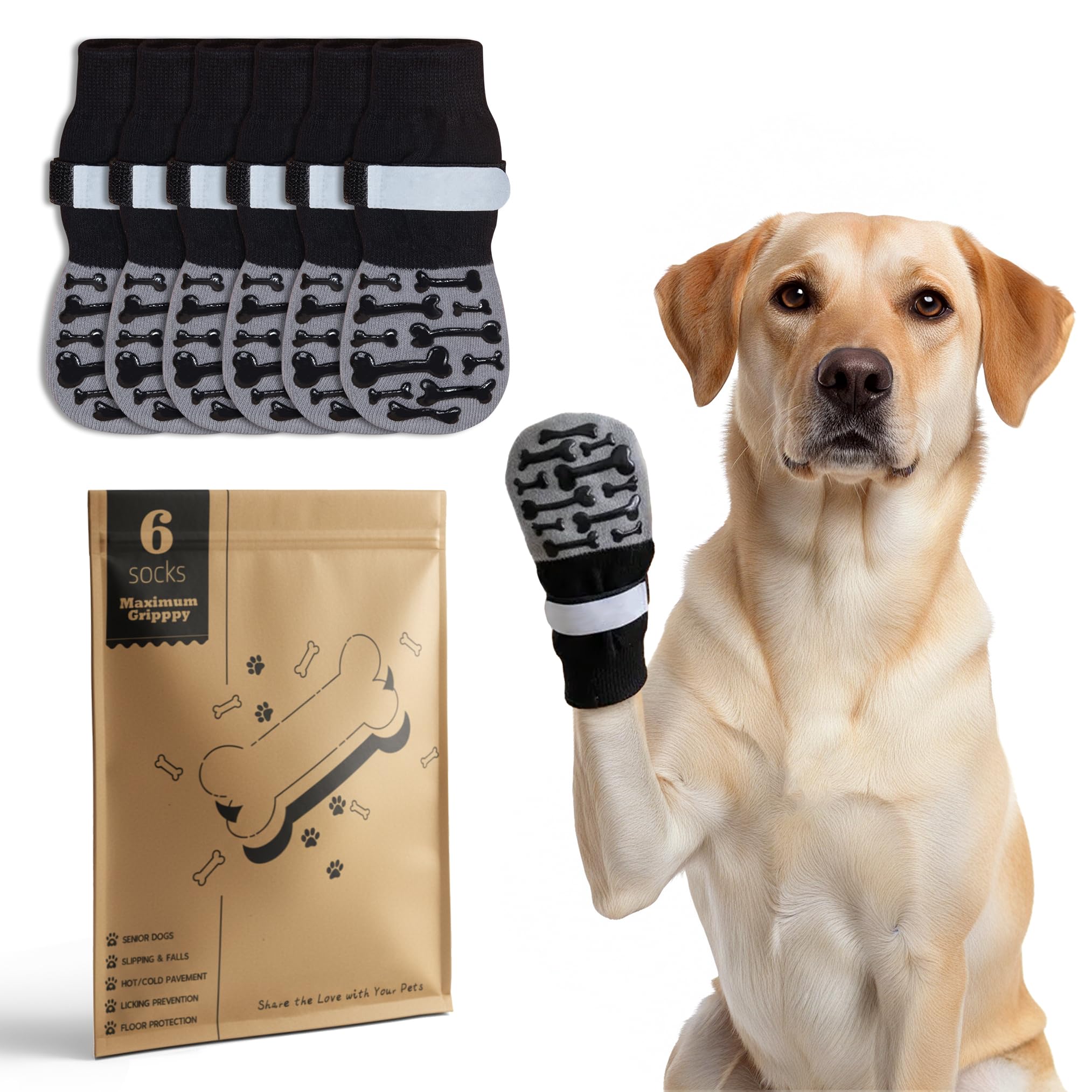 Fantasreen Calzini Antiscivolo per Cani con Osso, 6 Paia, Grigio Modern, M | Protegge le zampe su pavimenti in legno, neve e asfalto caldo. Grip a forma di osso. Morbido e traspirante.