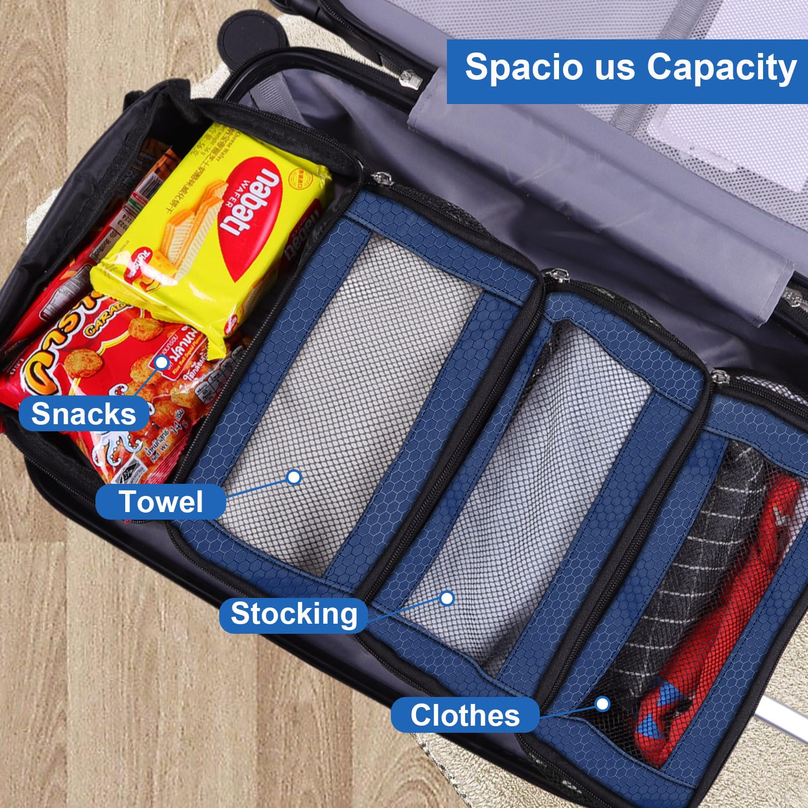 Olosar Organizer per valigie, organizer da viaggio portatile da appendere, mensole da viaggio pieghevoli, cubi da imballaggio a compressione per bagaglio a mano, blu navy