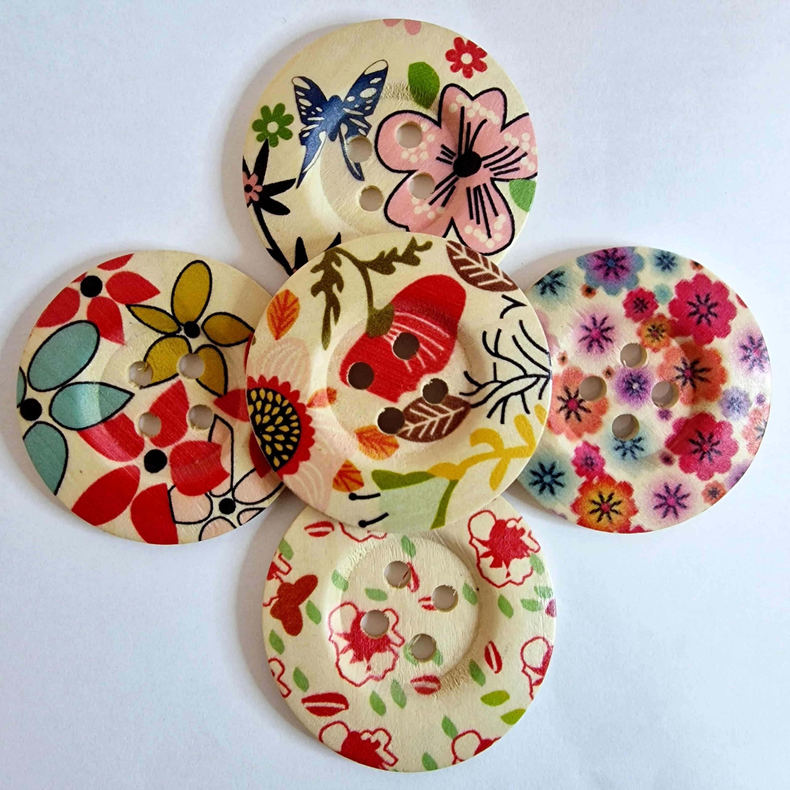 MajorCrafts® 10pcs 50mm Mixed Flower Patterns 4 Holes Large Round Wood Sewing Buttons Craft Embellishments - Image 2