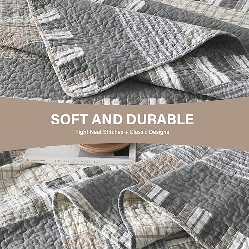 Vista 58 de SahSahCasa Juego de edredón tamaño King, juego de edredón de 100% algodón, colcha de retazos, colcha rústica ligera a cuadros para cama King, beige