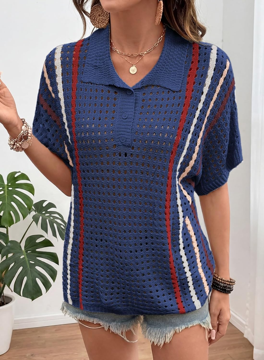 Dokotoo Summer Sweaters for Women 2026 Casual Button Up Polo Collar Short Sleeve Striped Boho Tops Crochet Knit Shirts - Image 5