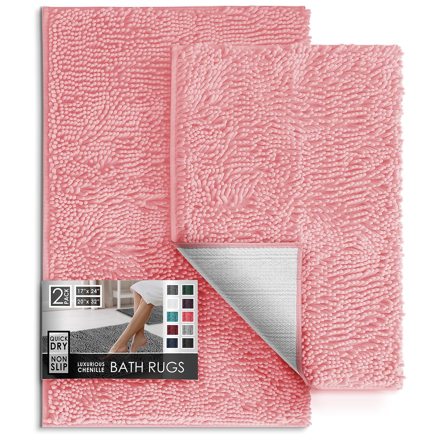 Hearth & Harbor Bathroom Rugs, Chenille Bath Mat - Machine Washable Bath Mats for Bathroom Non-Slip Backing Rubber, Quick Dry Bathroom Mat, 17 x 24 +