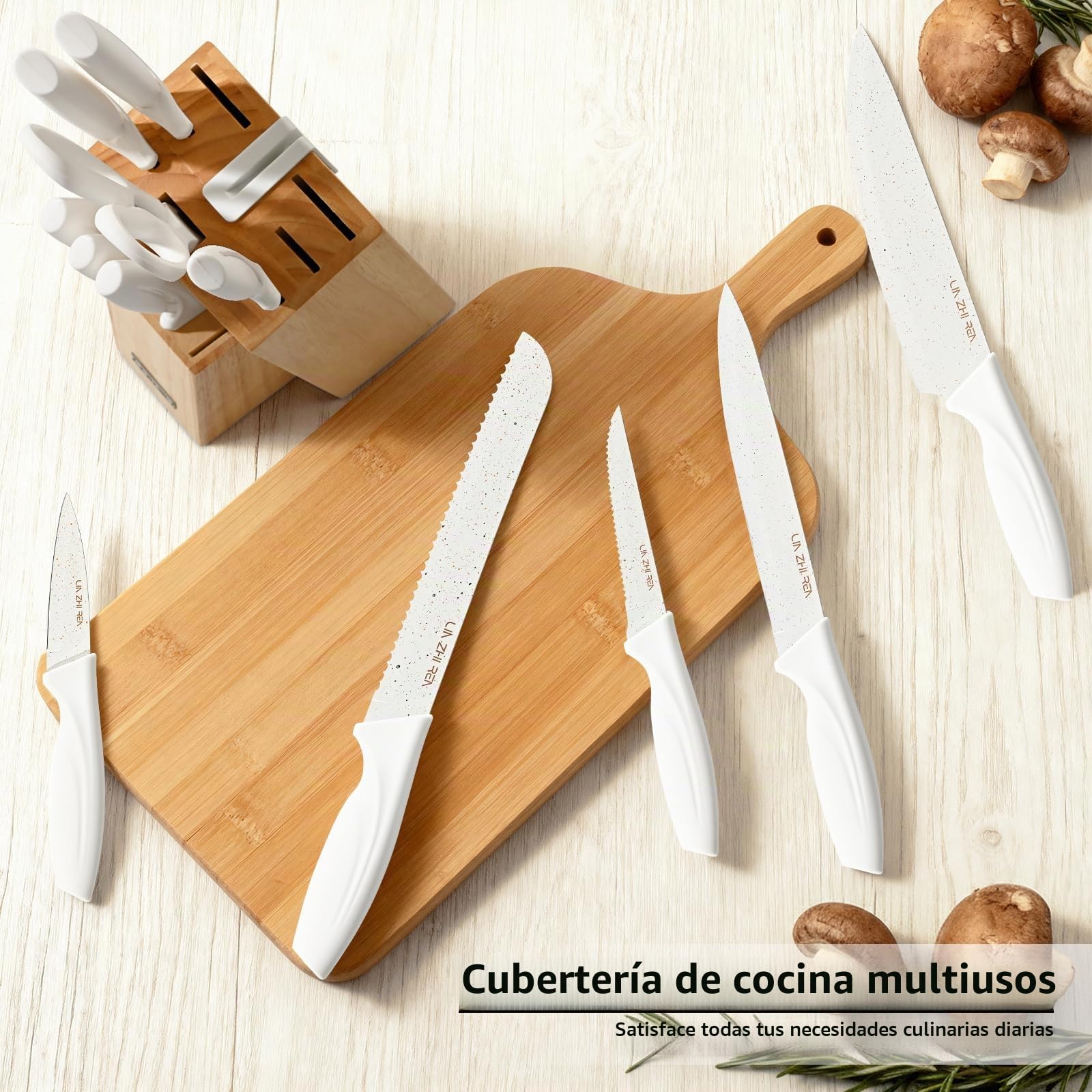 Juego de 13 Cuchillos de Cocina con Bloque y Afilador Integrado | Acero Inoxidable | Mango Ergonómico Antideslizante | Apto para Lavavajillas | Color Blanco