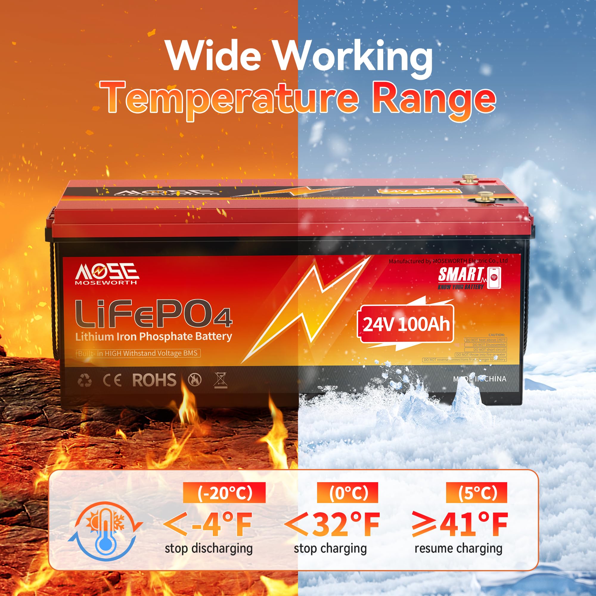 Batteria al litio LiFePO4 da 24 V, 100 Ah con Bluetooth - BMS da 100 integrato, protezione a basse temperature, 4000-15000+ cicli - Celle di fosfato di ferro al litio di grado A, per motore da traino