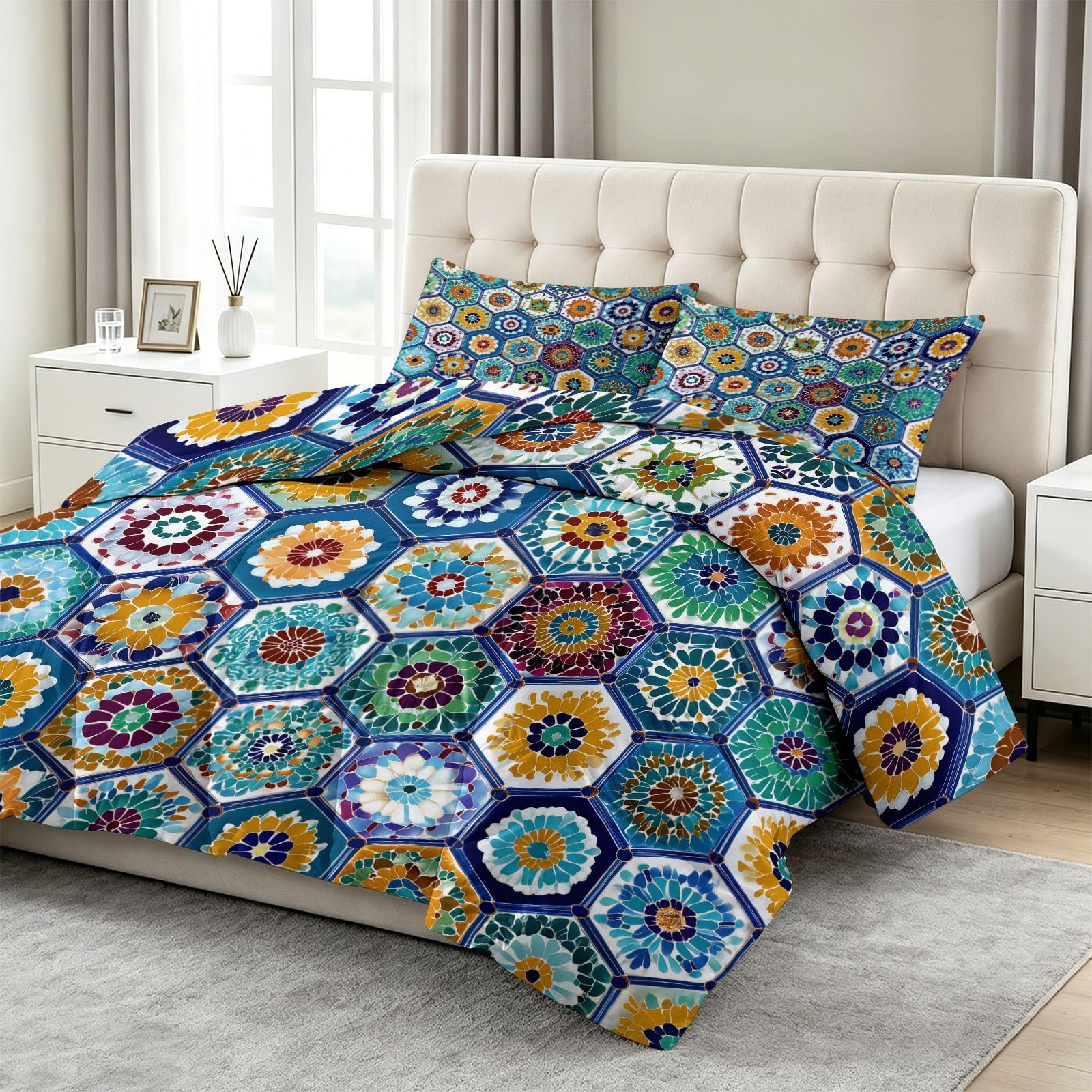 Tutte le stagioni - Trapunta 240 x 260 cm, fantasia geometrica esagonale floreale trapuntata di lusso e morbido in piumino e piume, traspirante, lavabile in lavatrice, ipoallergenico, buon sonno