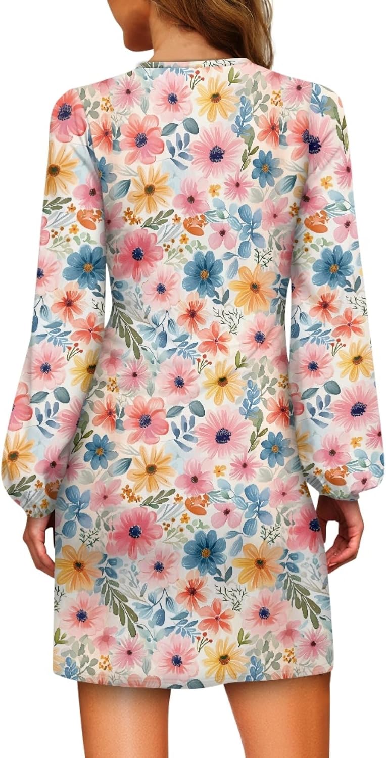 Lantern Long Sleeve Tie Waist Floral Boho Casual Dress A Line 2025 Summer Fashion Swing Flowy Mini Dresses - Image 2