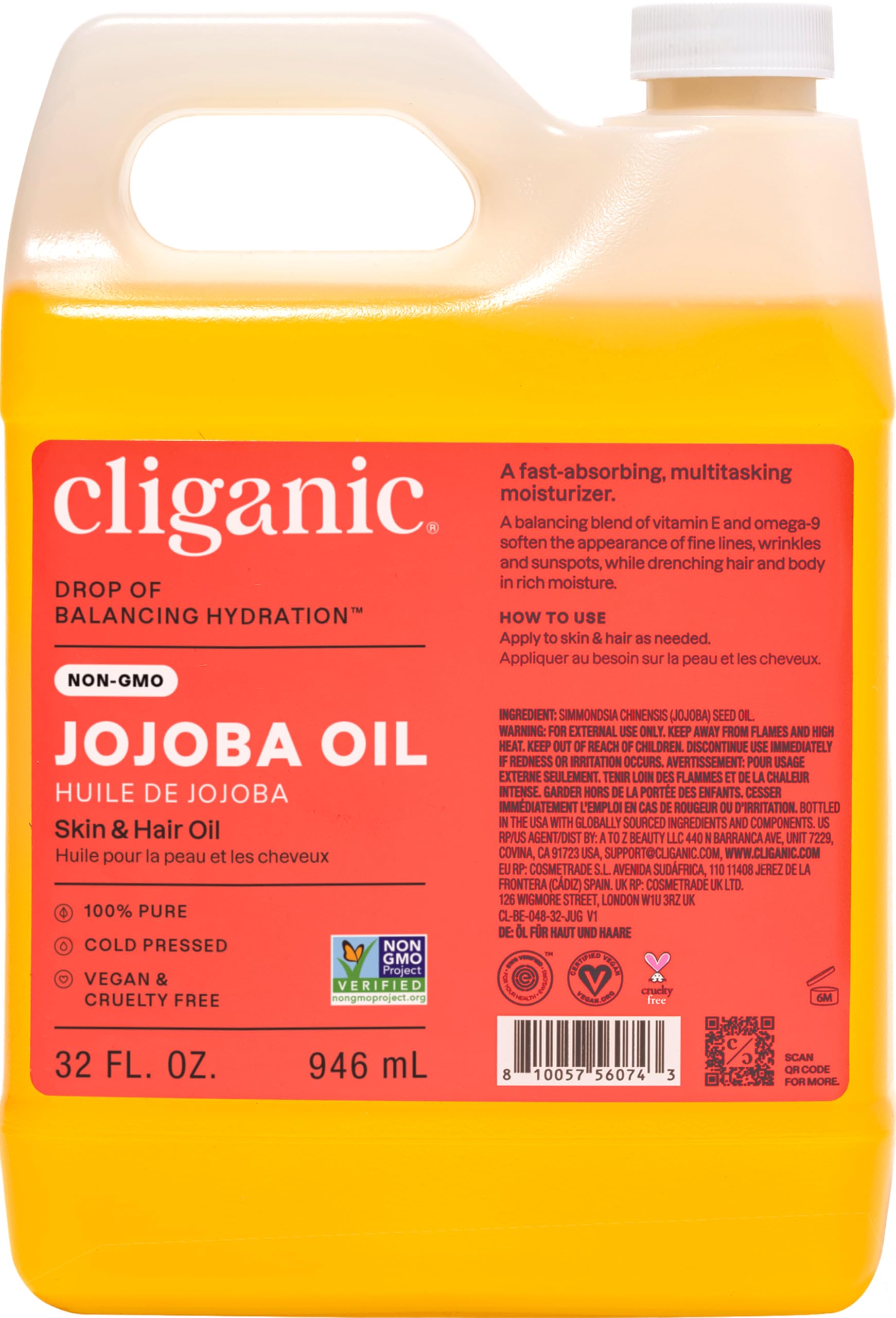 Cliganic Non-GMO Jojoba Oil Bulk 32oz, 100% Pure - Natural Cold Pressed Unrefined Hexane Free Oil for Hair & Face