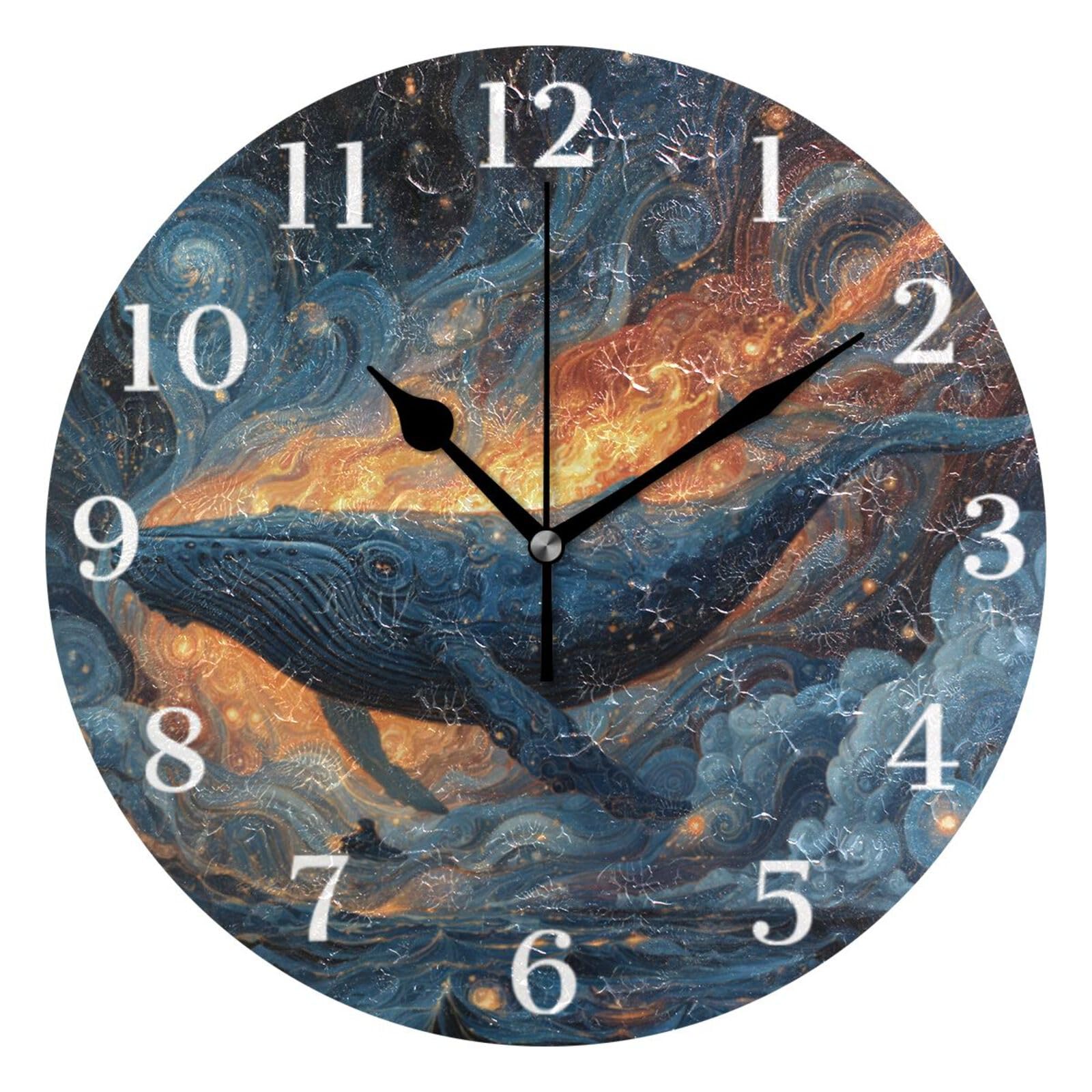 Ensound Blue Whale with Cloud Wall Clock Silent Non-Ticking Battery Operated Clocks 12 Inch for Kitchen Home Living Room
