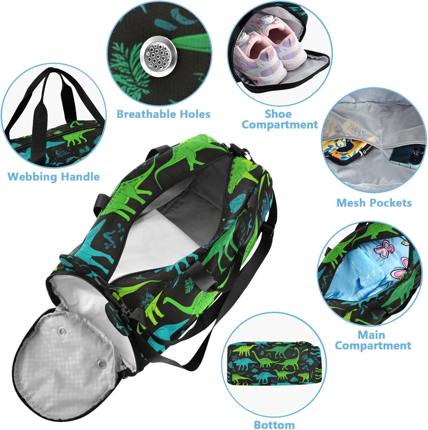 Dinosaurs Green Blue Black Carry on Duffel Bag Boy Toddler Weekender Bags Girls Tote Duffle Bags Travel Kids Luggage Sports Bag