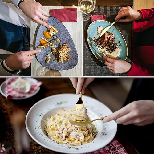 Miniatura 6 de Juego de cubiertos de acero inoxidable para 4, juego de cubiertos con mango de madera de imitación, incluye cuchillos, tenedores, cucharas, servicio