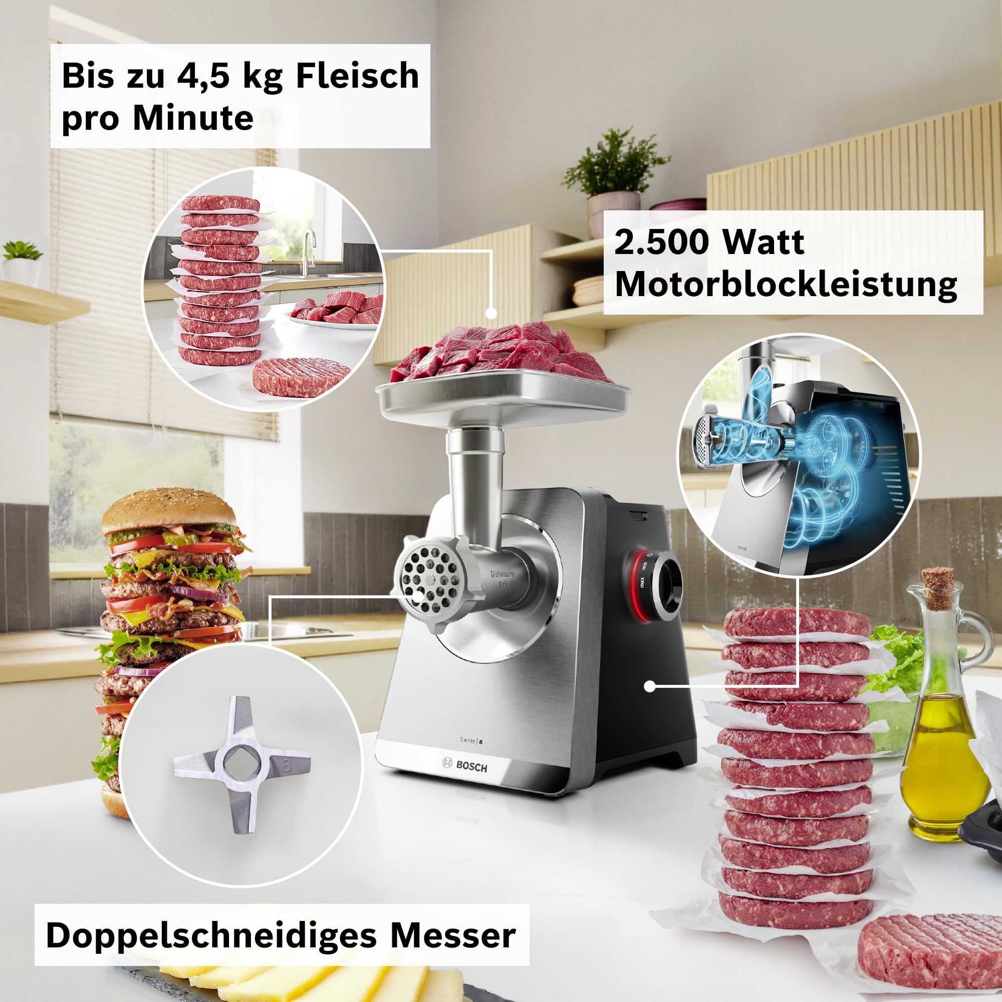 Bosch Fleischwolf Serie 8, 3 Lochscheiben (3/4,5 / 8mm), Edelstahl, spülmaschinenfest, Kebbe- & Wurst-Aufsatz, Durchlaufschnitzler, Motorblockleistung 2.500 W, elektrisch, MultiPower MFWS840M