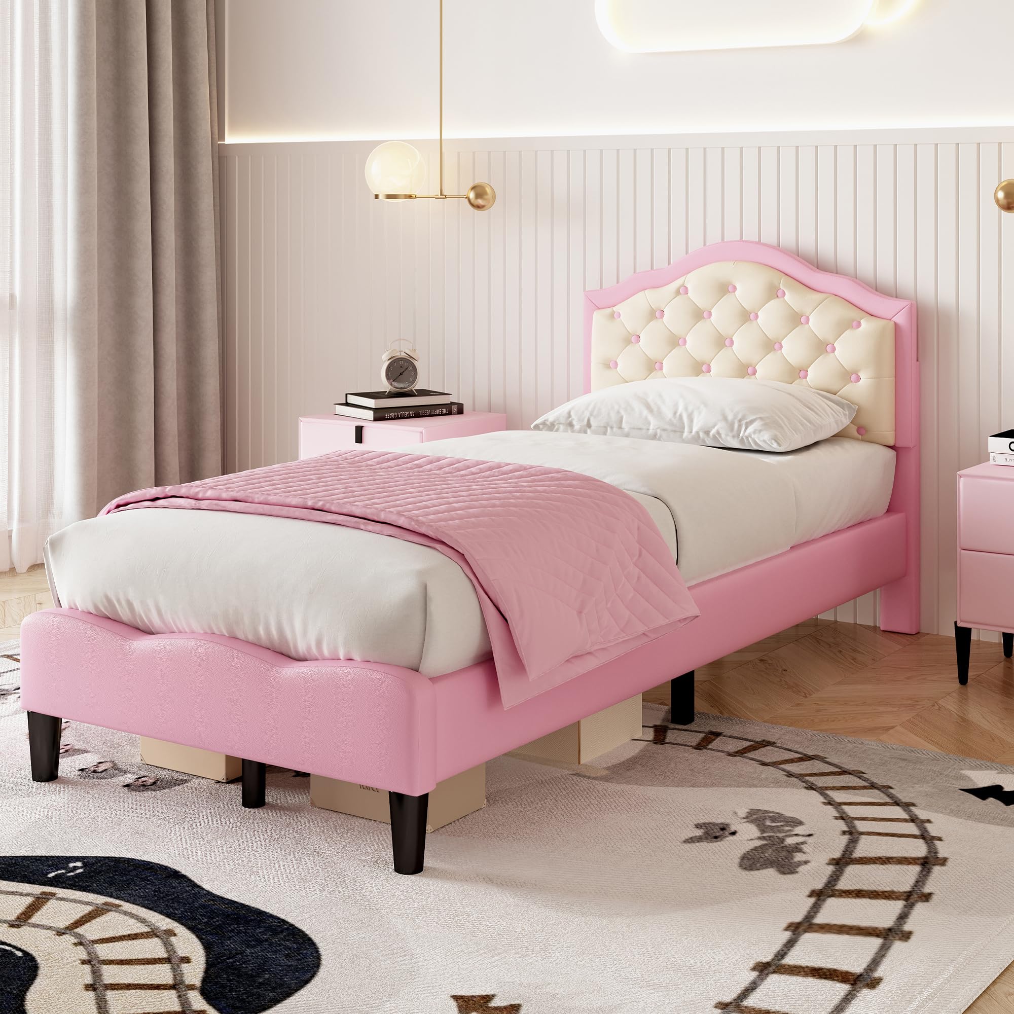 3ft Single Bed Frame Upholstered Platform Bed with Adjustable Button-Tufted Headboard, Wood Slat Support, No Box Spring Needed, PU Leather Youth Beds for Adults Kids Teenagers, Pink+Beige, 90x190 cm