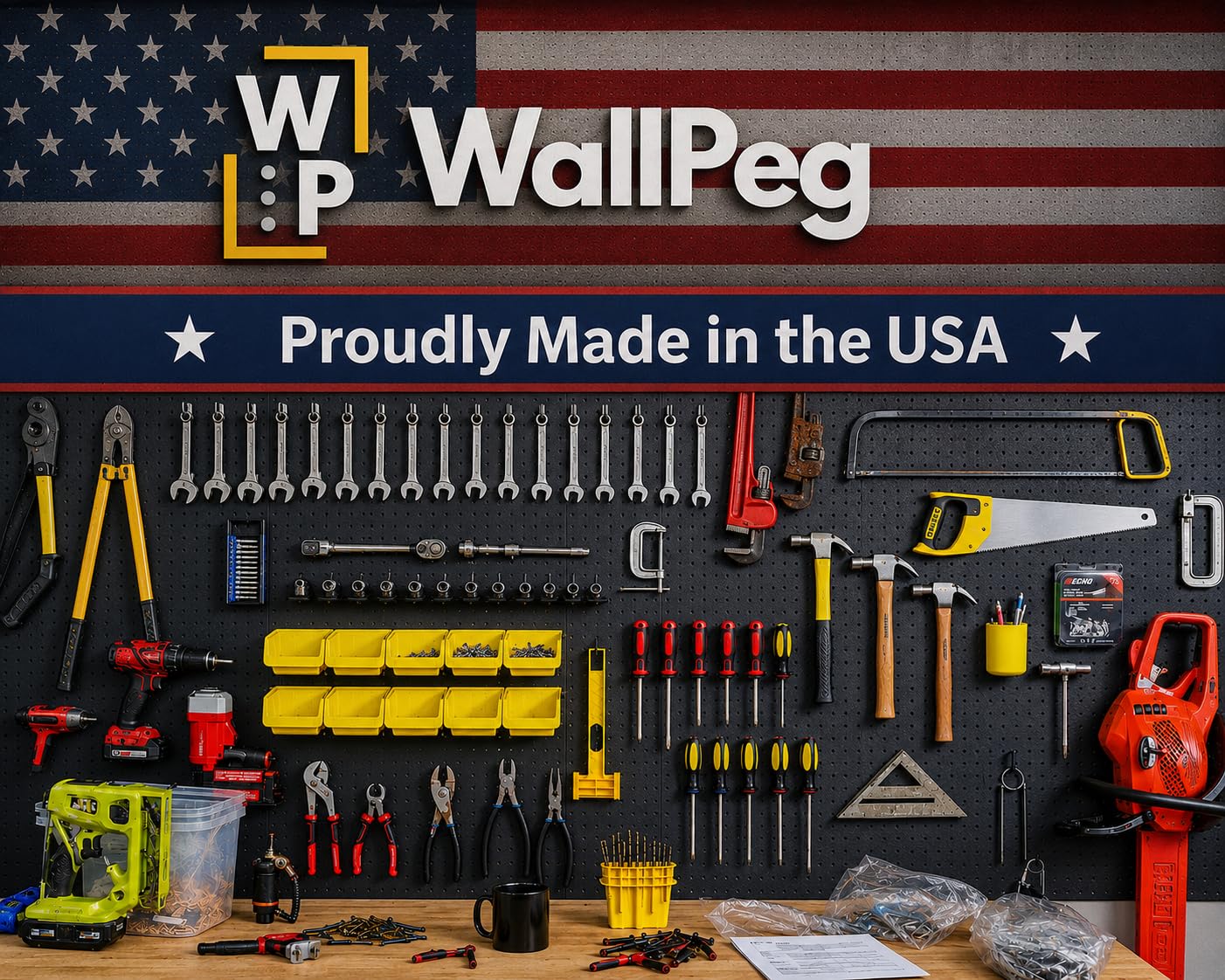 Made in USA organizer ścienny do pegboardów, 4 ea 61 x 40 cm, plastikowe panele pegboardowe, szerokość 243 cm, zestaw P-212 B, organizacja garażu do stołu warsztatowego, organizer do przechowywania