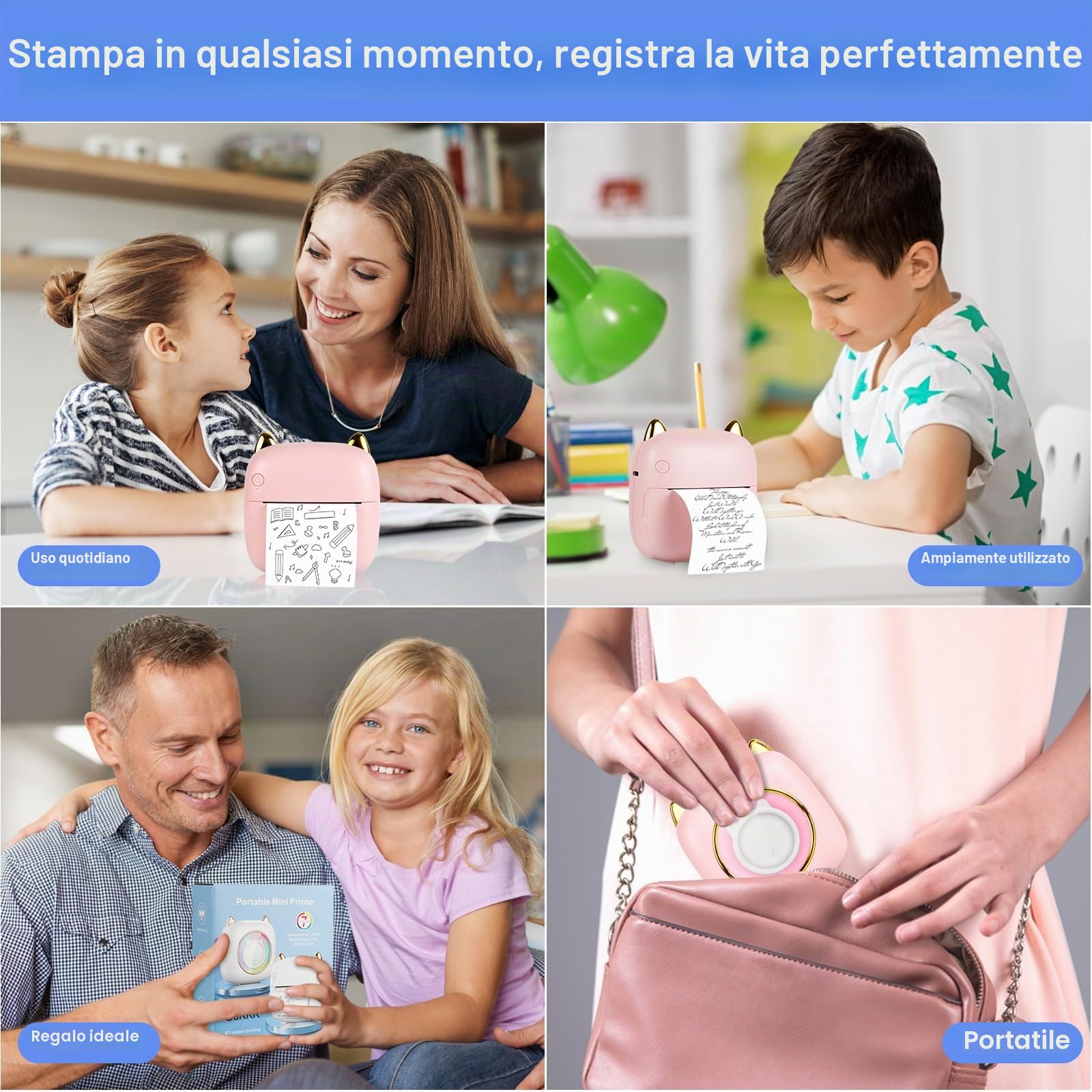 Mini Stampante Fotografica Termica Portatile Bluetooth con LED, Ricarica USB per Note e Diario