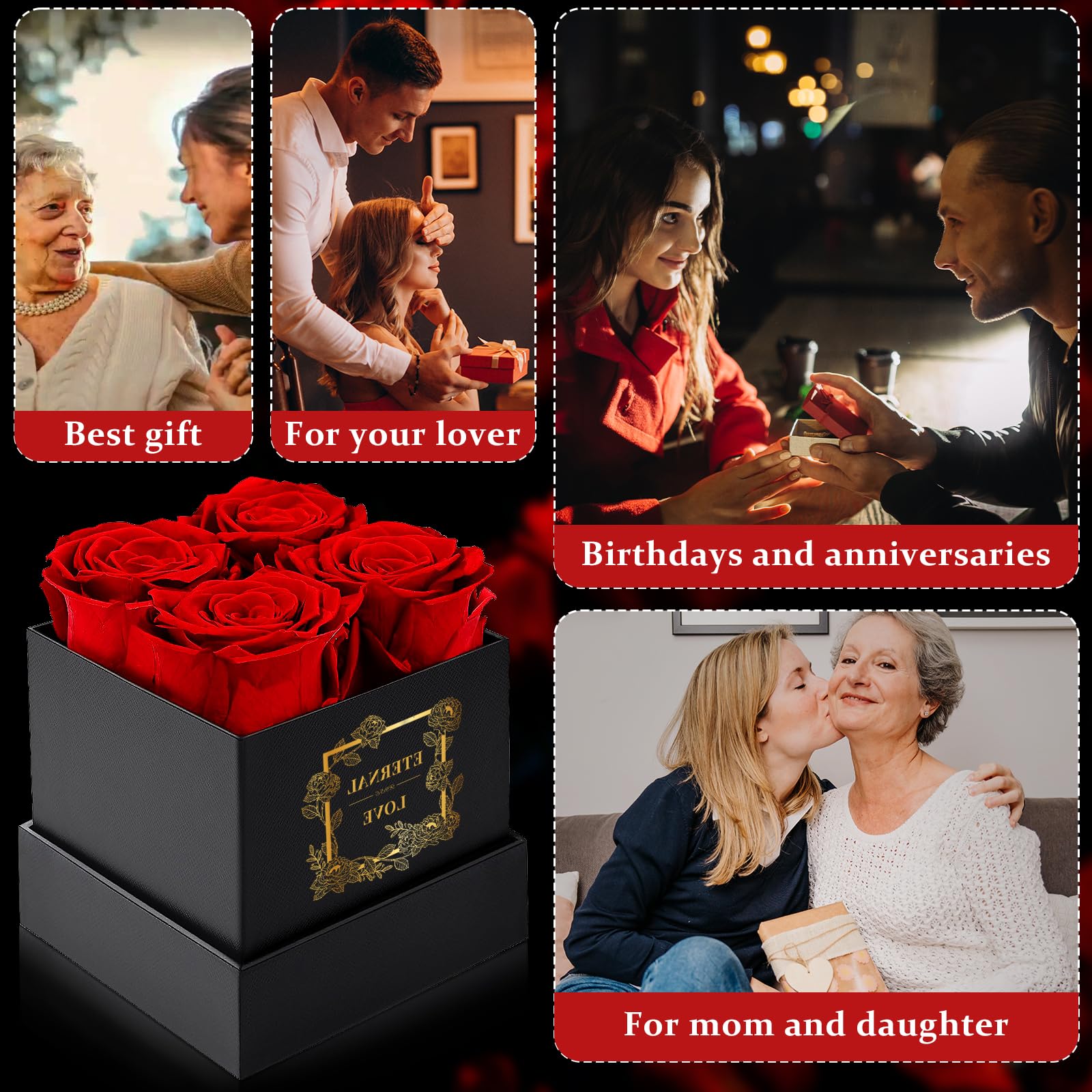 Coffret Cadeau 4 Roses Éternelles Rouges - Fleur Immortal Pour Saint Valentin, Fête Des Mères & Anniversaire