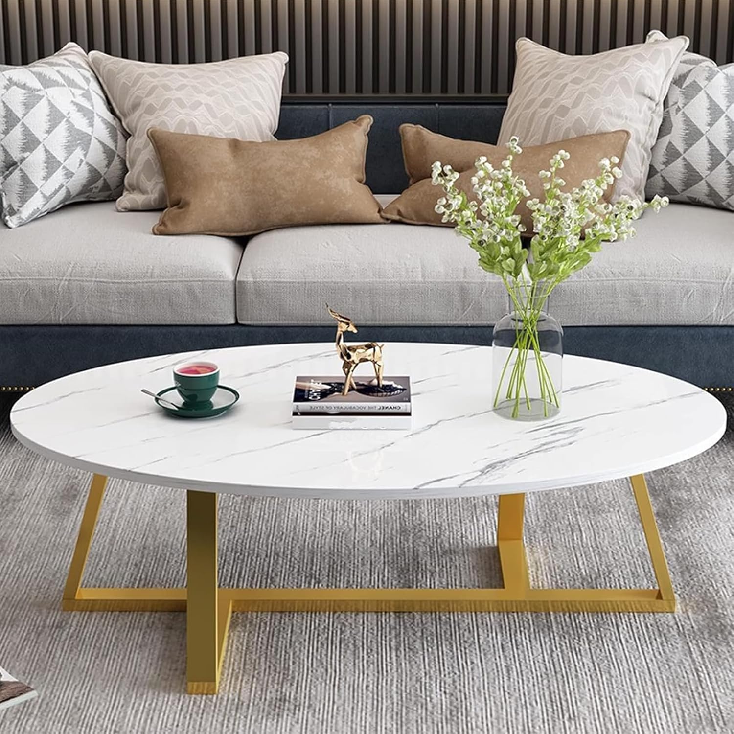 Coffee Table White Faux Marble Coffee Table for Living Room,Oval Center Tables Modern Tea Table for Small Space,Wooden Living Room Tables End Table with Sturdy Gold Metal Leg White Gold