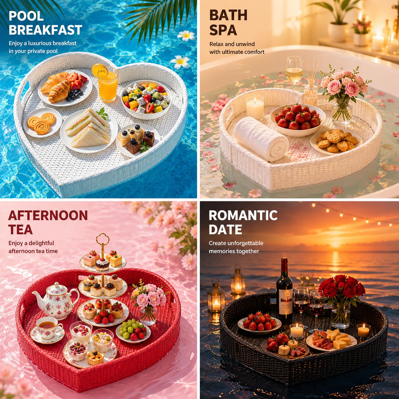 Vassoio Galleggiante per Piscina, Grande Vassoio in Rattan per Bevande Snack e Brunch, Bar Galleggiante per Piscina Spa Jacuzzi e Feste in Giardino Black Heart-60 cm