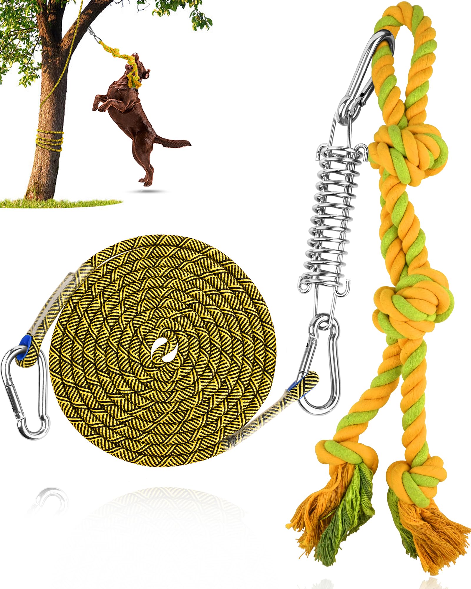 PetbobiBungee Dog Toy, Outdoor Dog Tug Toy for Pitbull Interactive Exercise, Spring Pole Tug-of-War Toy with Durable Rope, Hanging Toy for Large Dogs to Reduce Boredom, Yellow