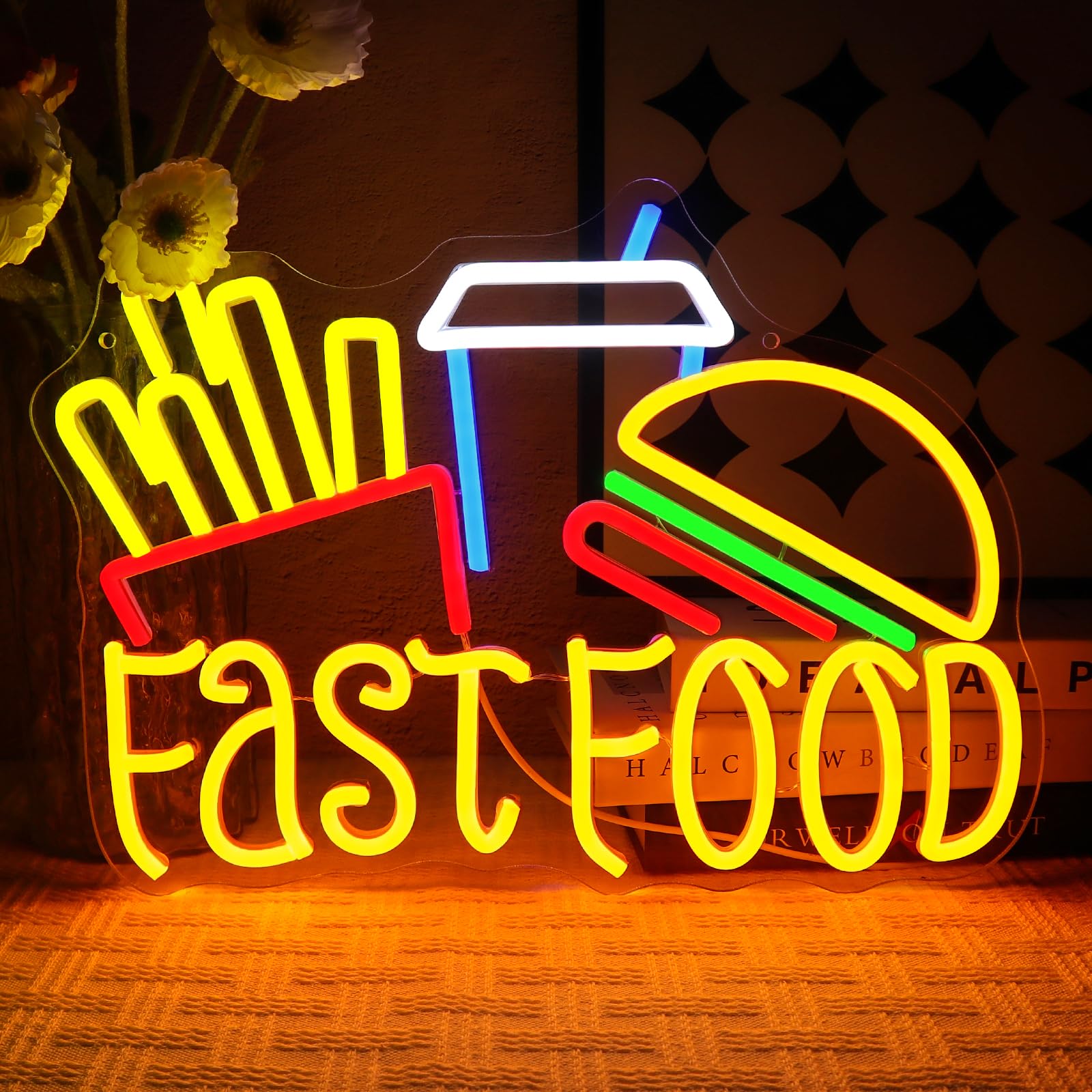 OYCGZV Fast Food Neon Sign for Wall Decor - Hamburger Neon Light French Fries Dimmable USB Led Sign for Burger Shop Food Trucks Business Kitchen Beverage Bar Restaurant Home Party Decoration