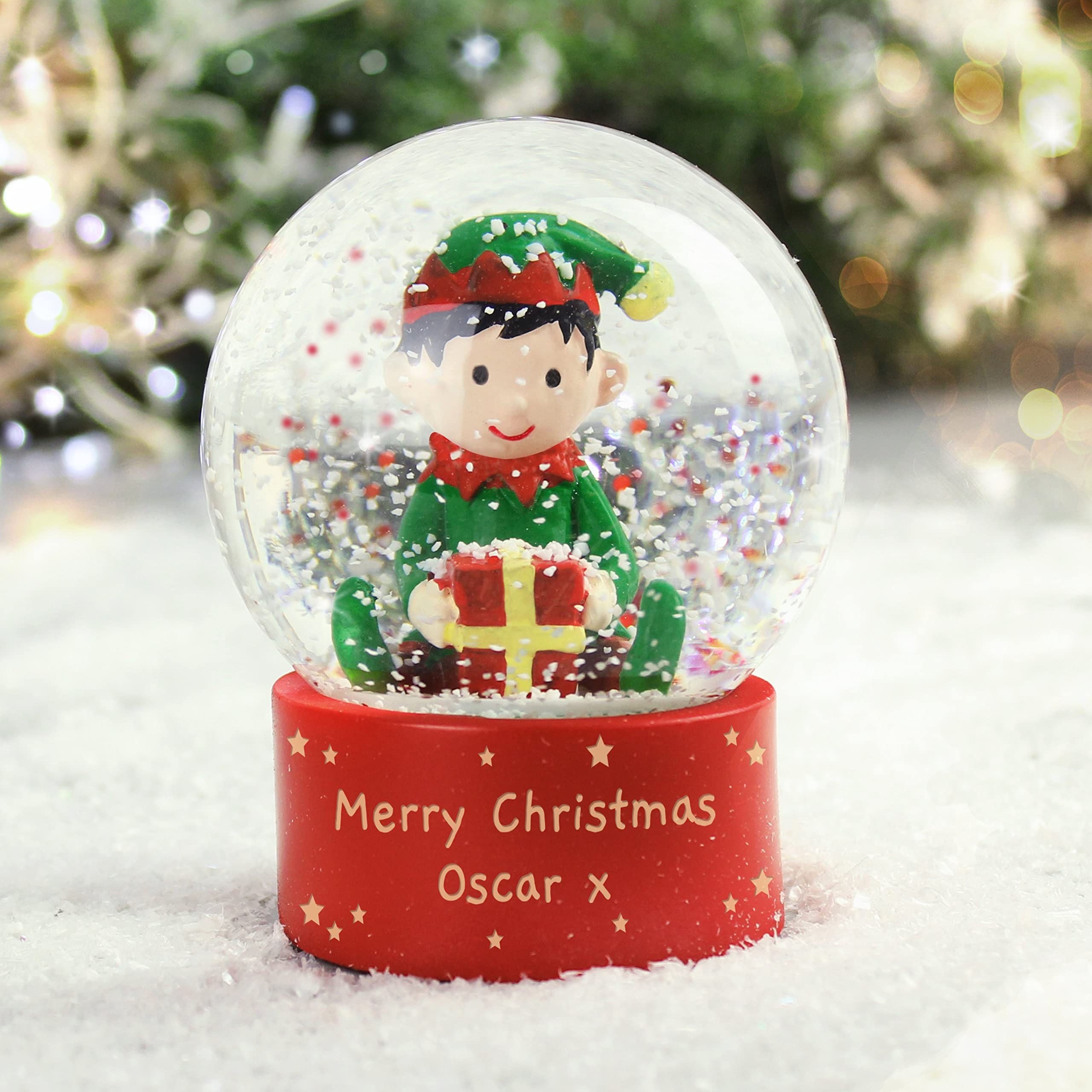 Personalised Memento Red Custom Personalised Elf Glitter Snow Globe