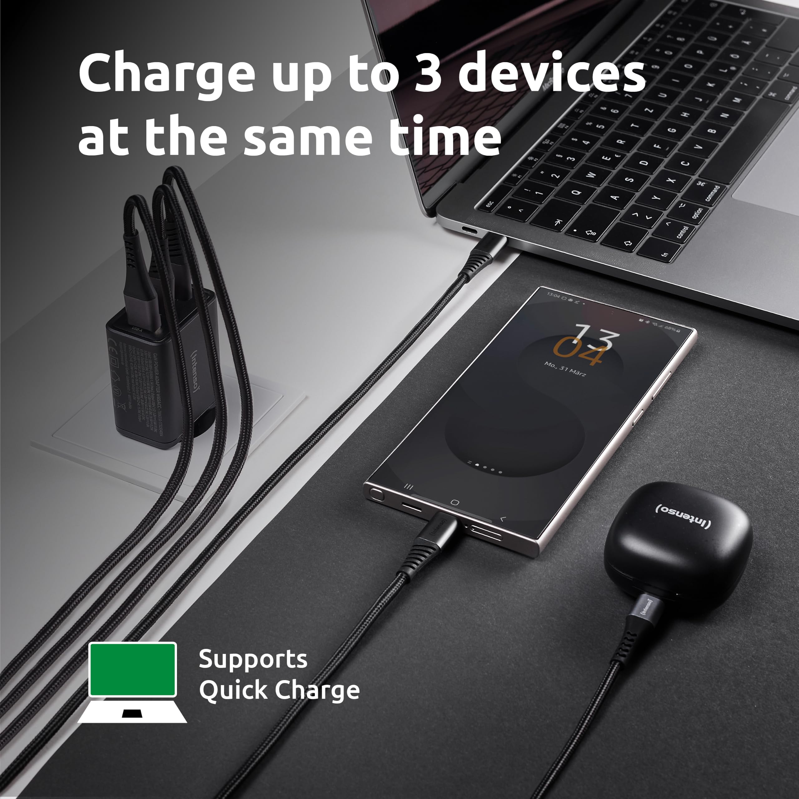 Caricatore Intenso W65ACIC GaN 65W Con Cavo USB-C Estraibile, 3 Porte (USB-C Integrato, USB-C, USB-A), PD E PPS, Bianco - 5