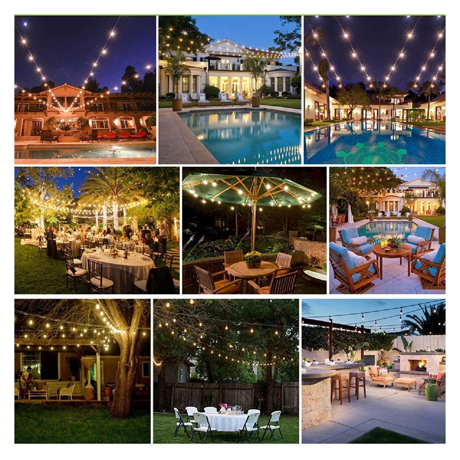 S14 Leichte S14 LED, Festoon-Lichtstring 30 hängende Buchsen E27-Basis und 2W-LED. Warmweiß 2700K-Zwiebeln, geeignet for Terrassen, Hinterhöfe, Cafés, Hochzeiten