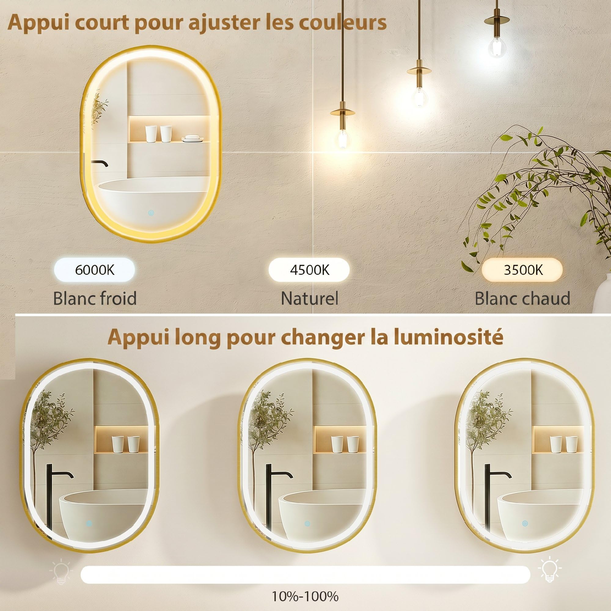 HOMCOM Armoire Murale Salle de Bain avec Miroir et Éclairage LED, 50x14,5x70cm, Meuble Salle de Bain à Porte Ovale Alliage d'Aluminium, Anti-Buée, 3 Températures de Lumière, Étagères Réglables, Doré